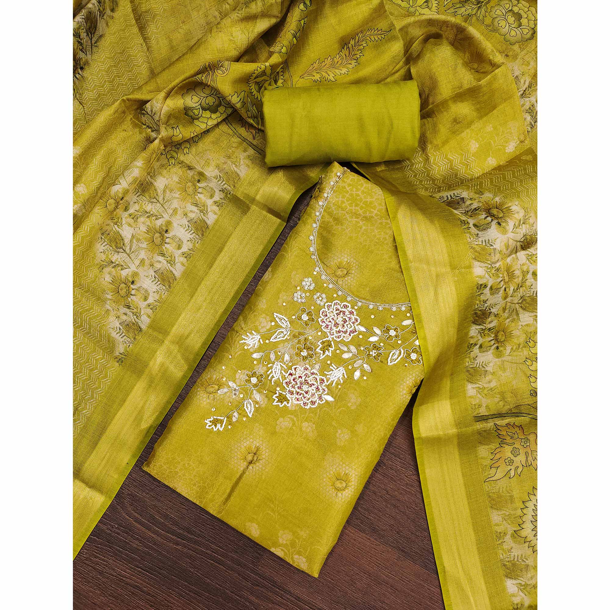 Green Shimmer Cotton Silk Suit Fabric with Printed Motifs and Thread Embroidery