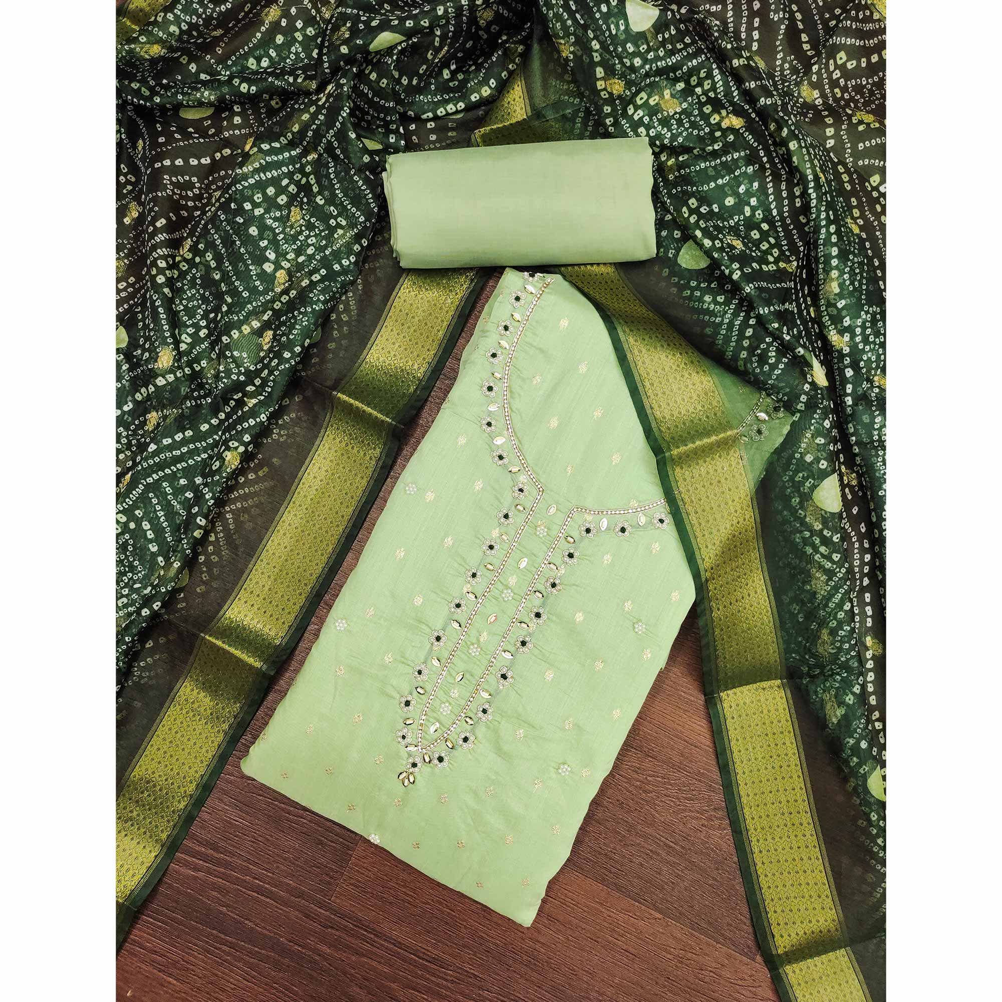 Green Woven Banarasi Cotton Silk Dress Material with Artistic Bead Work and Classic Texture