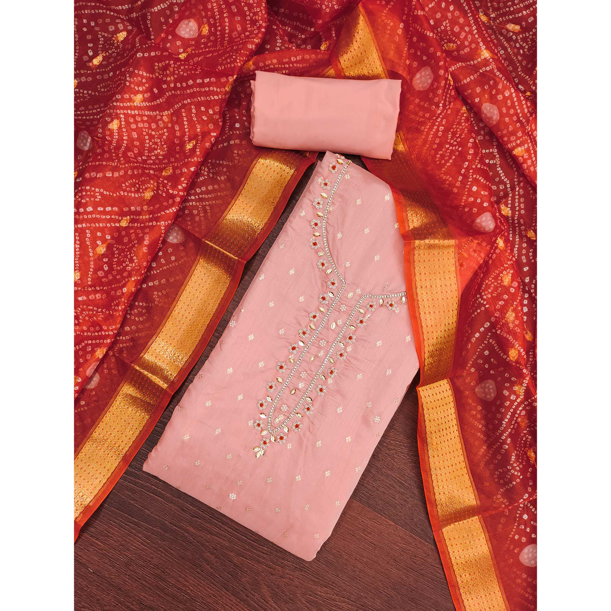 Peach Woven Banarasi Cotton Silk Dress Material with Artistic Bead Work and Classic Texture