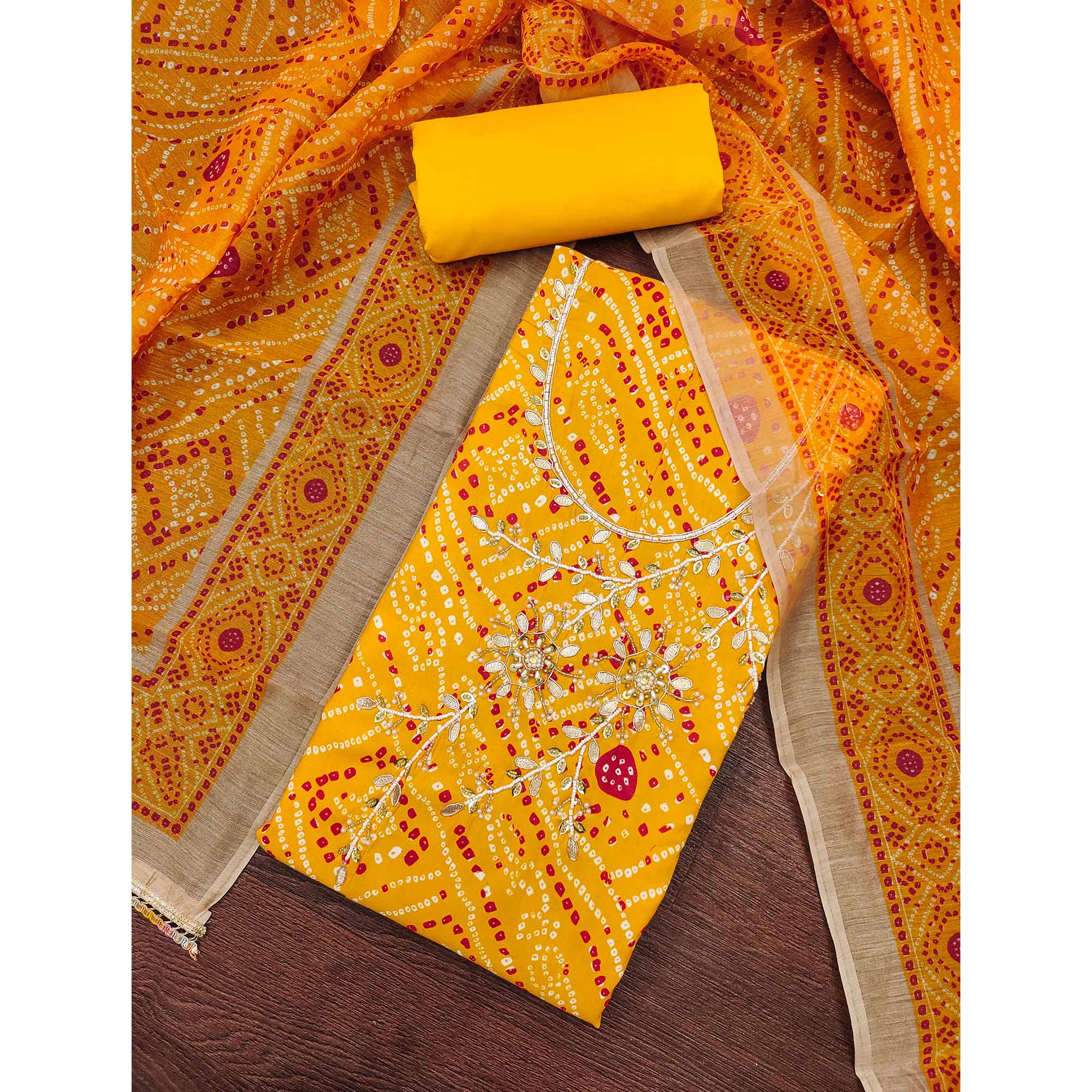 Yellow Bandhani Print Unstitched Dress Material with Beautiful Gotta Patti Work for Festive Wear