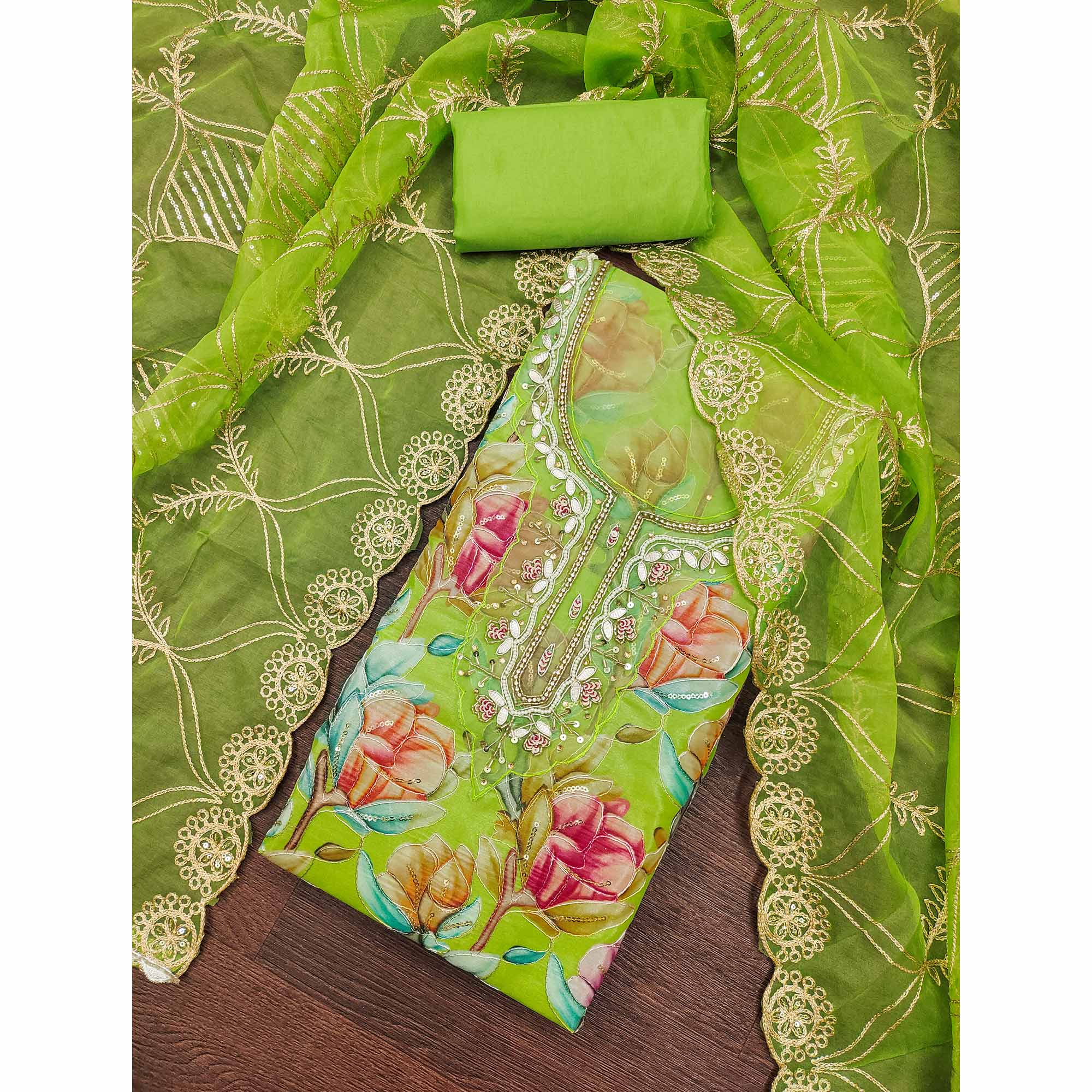 Green Floral Printed Organza Suit Fabric Adorned with Delicate Hand Beads Work