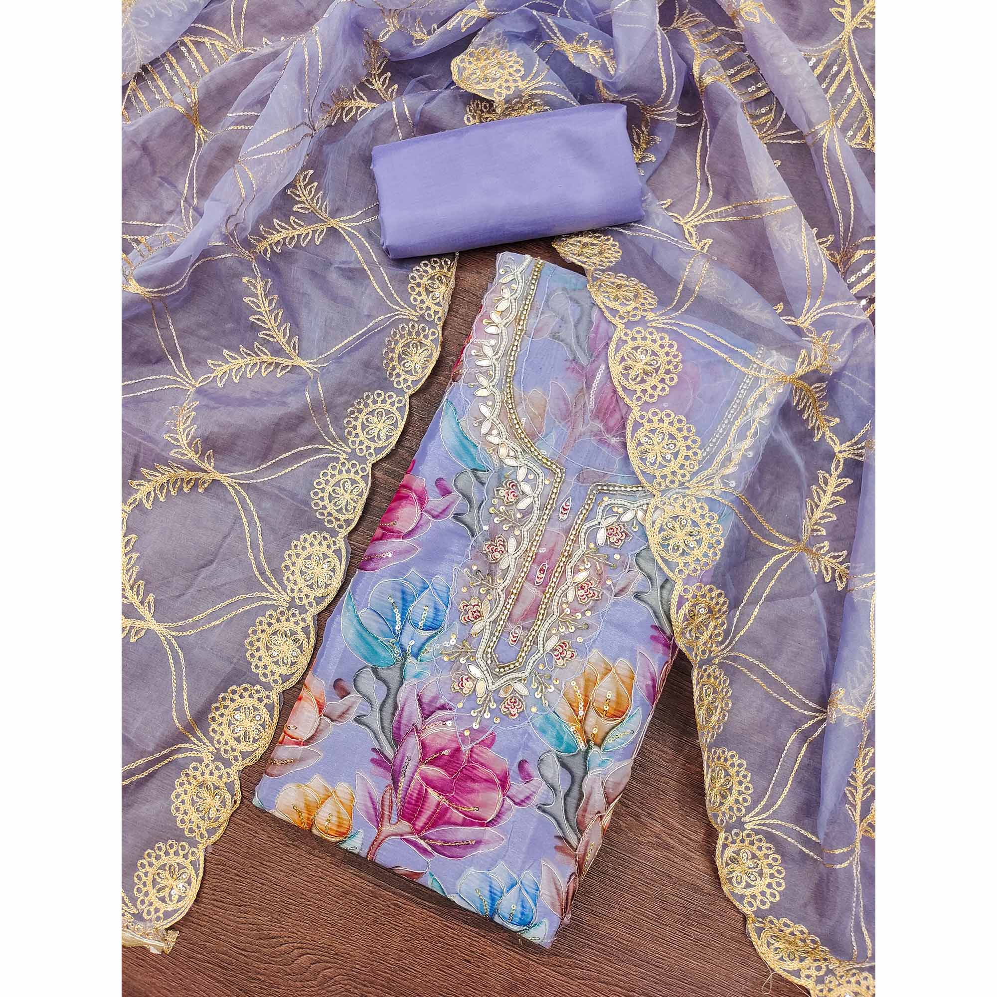 Lavender Floral Printed Organza Suit Fabric Adorned with Delicate Hand Beads Work