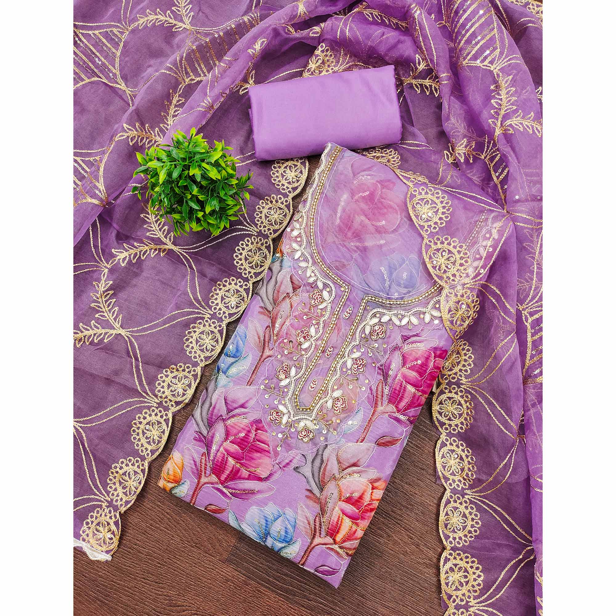 Purple Floral Printed Organza Suit Fabric Adorned with Delicate Hand Beads Work
