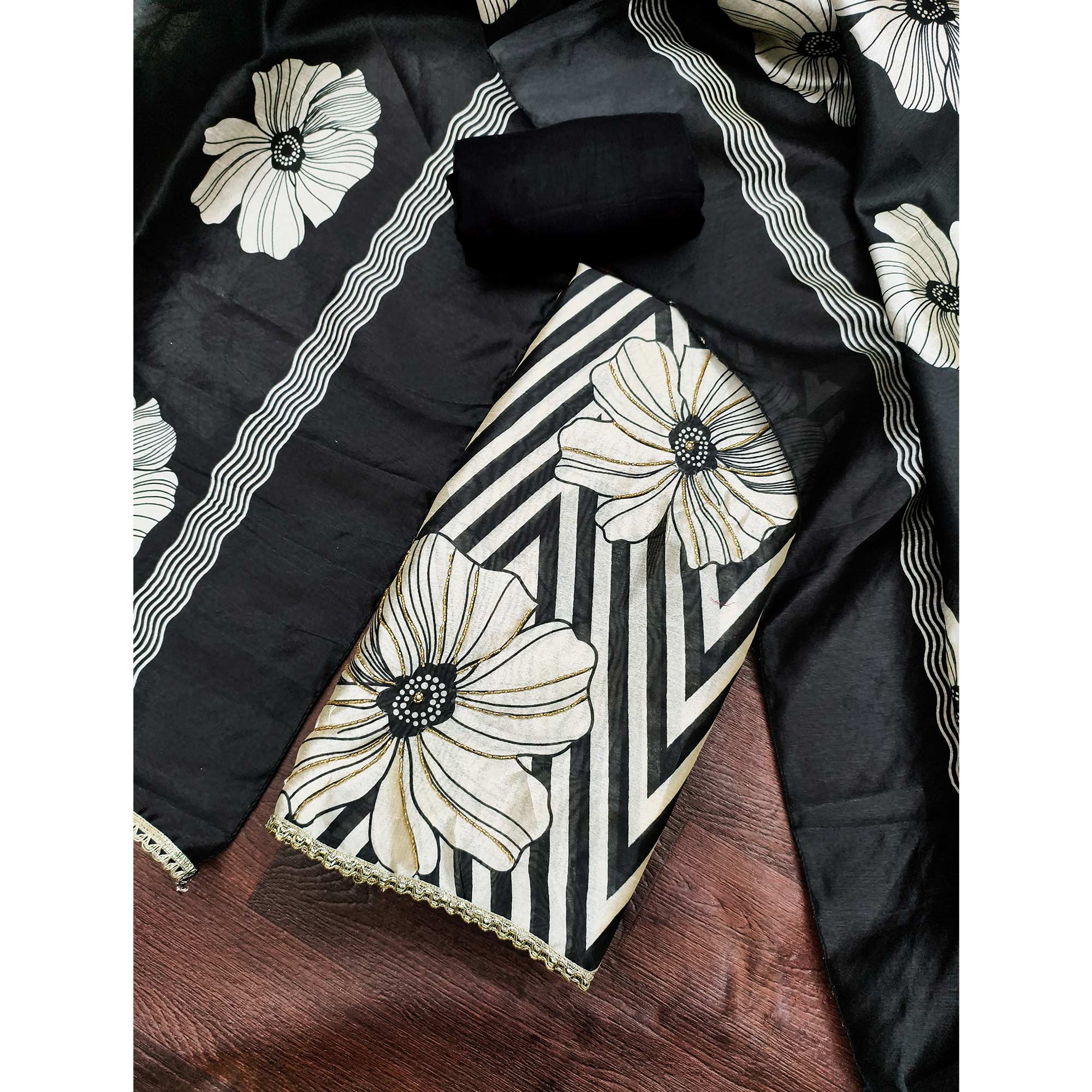 Black Digital Printed Cotton Silk Dress Material Featuring Floral & Zig Zag Patterns With Handwork