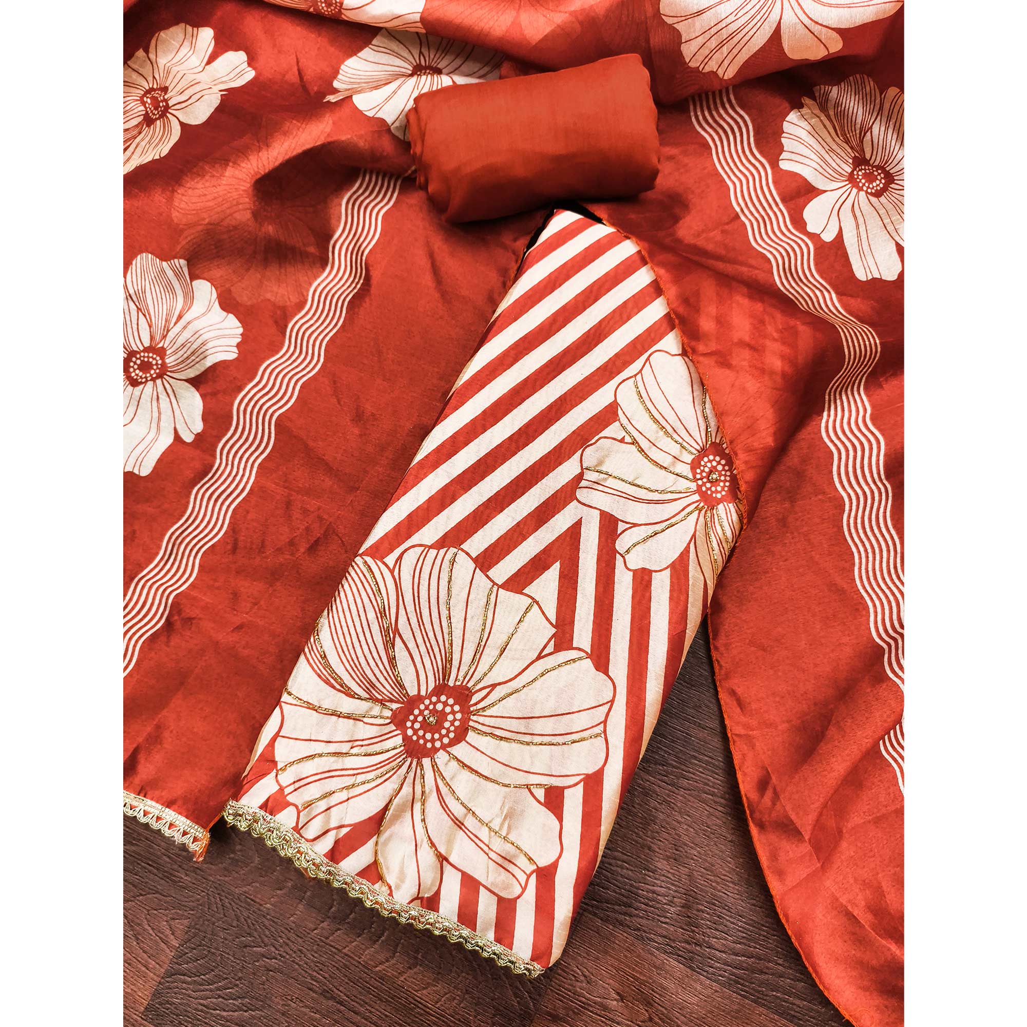 Rust Digital Printed Cotton Silk Dress Material Featuring Floral & Zig Zag Patterns With Handwork