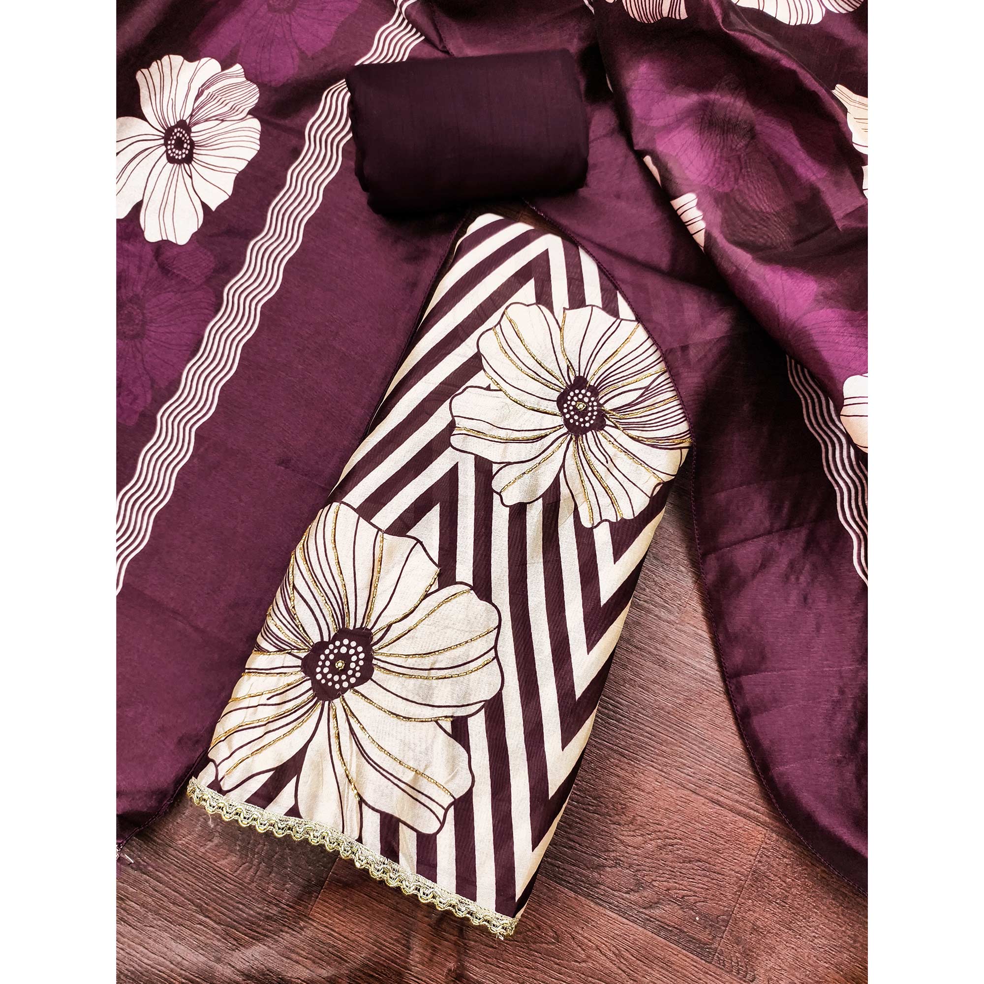 Wine Digital Printed Cotton Silk Dress Material Featuring Floral & Zig Zag Patterns With Handwork