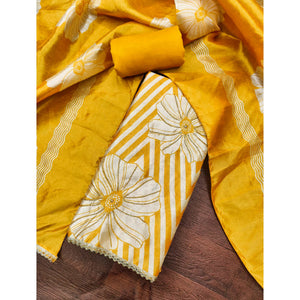 Yellow Digital Printed Cotton Silk Dress Material Featuring Floral & Zig Zag Patterns With Handwork