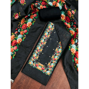 Premium Black Floral Digital Printed Cotton Silk Dress Material With Moti Handwork