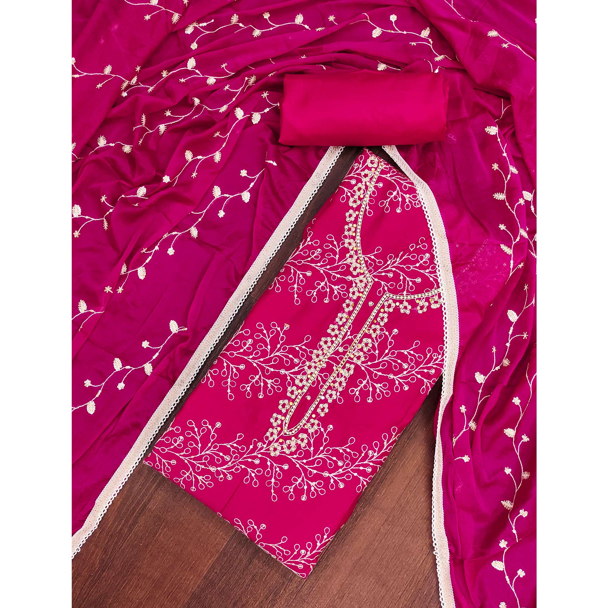 Exclusive Rani Pink Floral Embroidery Cotton Silk Dress Material Enhanced With Moti & Sequins Work