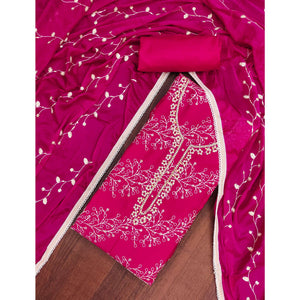 Exclusive Rani Pink Floral Embroidery Cotton Silk Dress Material Enhanced With Moti & Sequins Work