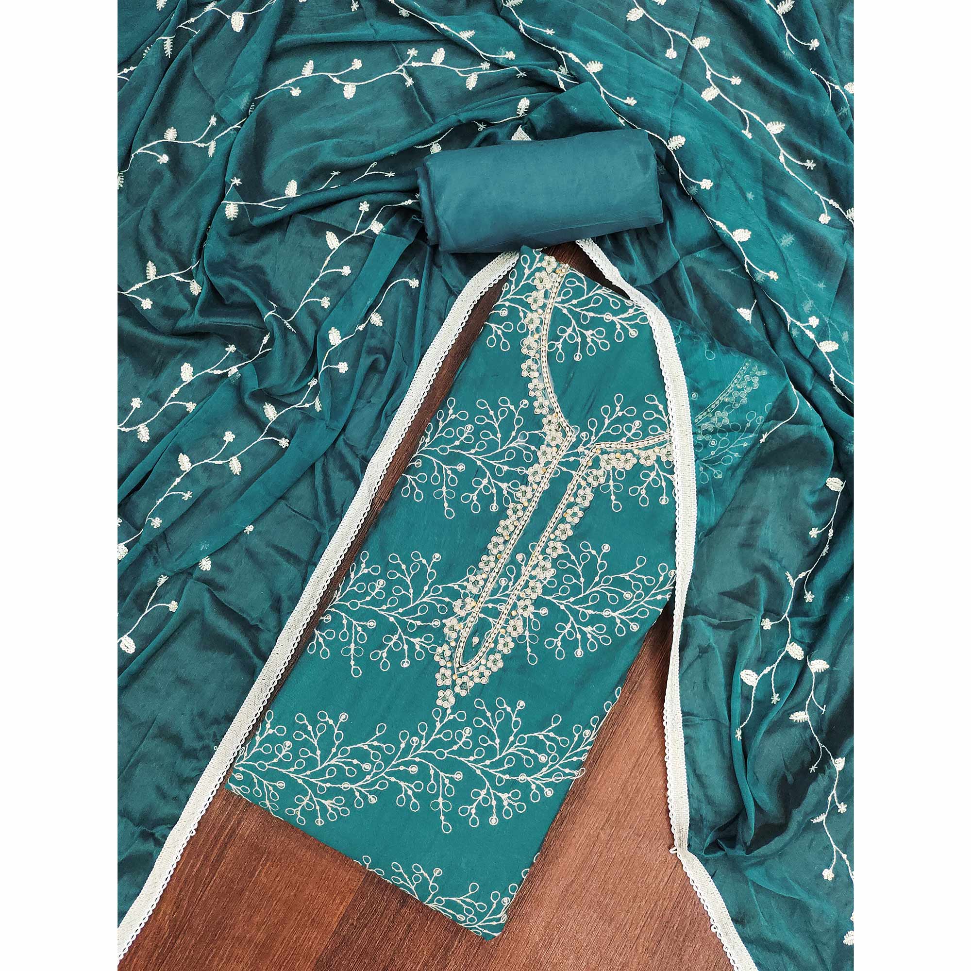 Exclusive Teal Floral Embroidery Cotton Silk Dress Material Enhanced With Moti & Sequins Work