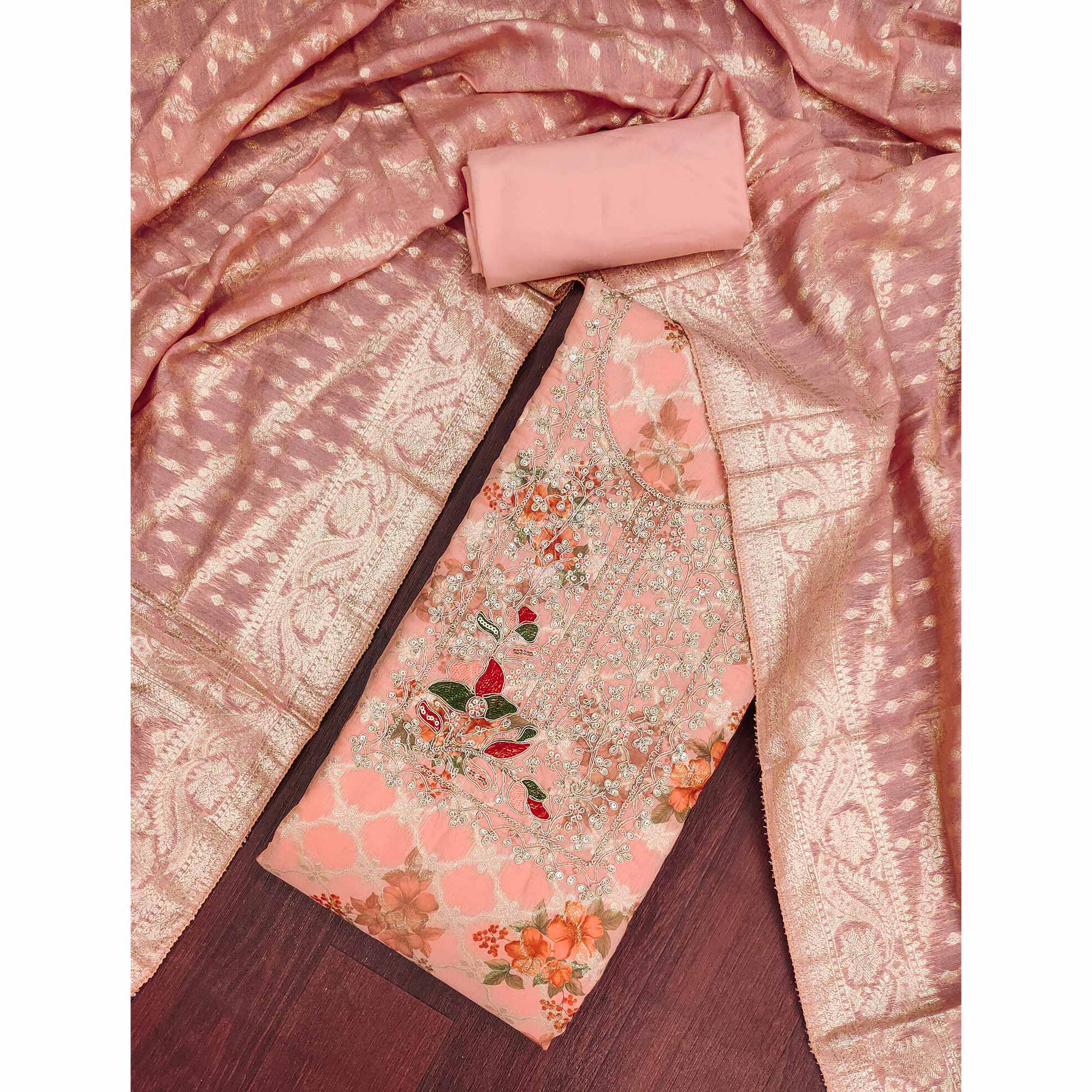 Designer Peach Floral Weaving Banarasi Silk Dress Material With Intricate Cording Embroidery