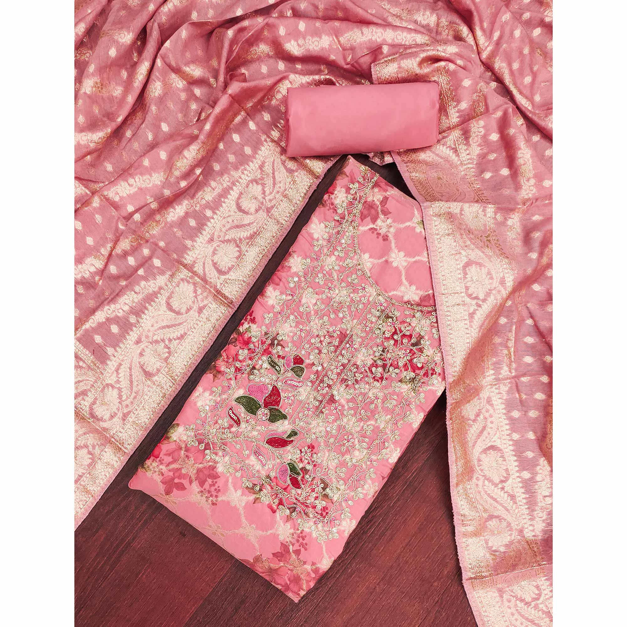 Designer Pink Floral Weaving Banarasi Silk Dress Material With Intricate Cording Embroidery
