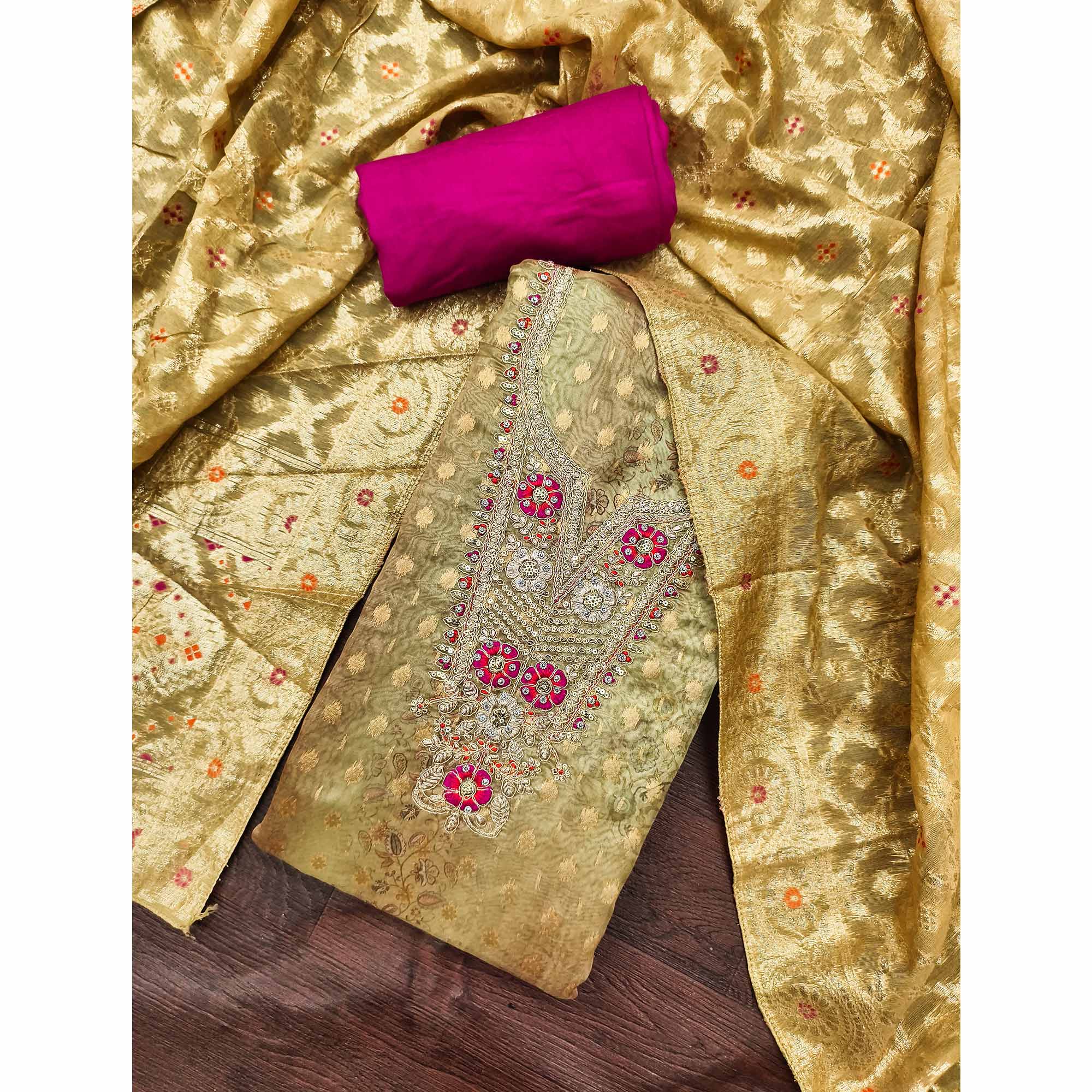 Elegant Mehendi Green Floral Weaving & Digital Print Organza Dress Material With Cording Embroidery