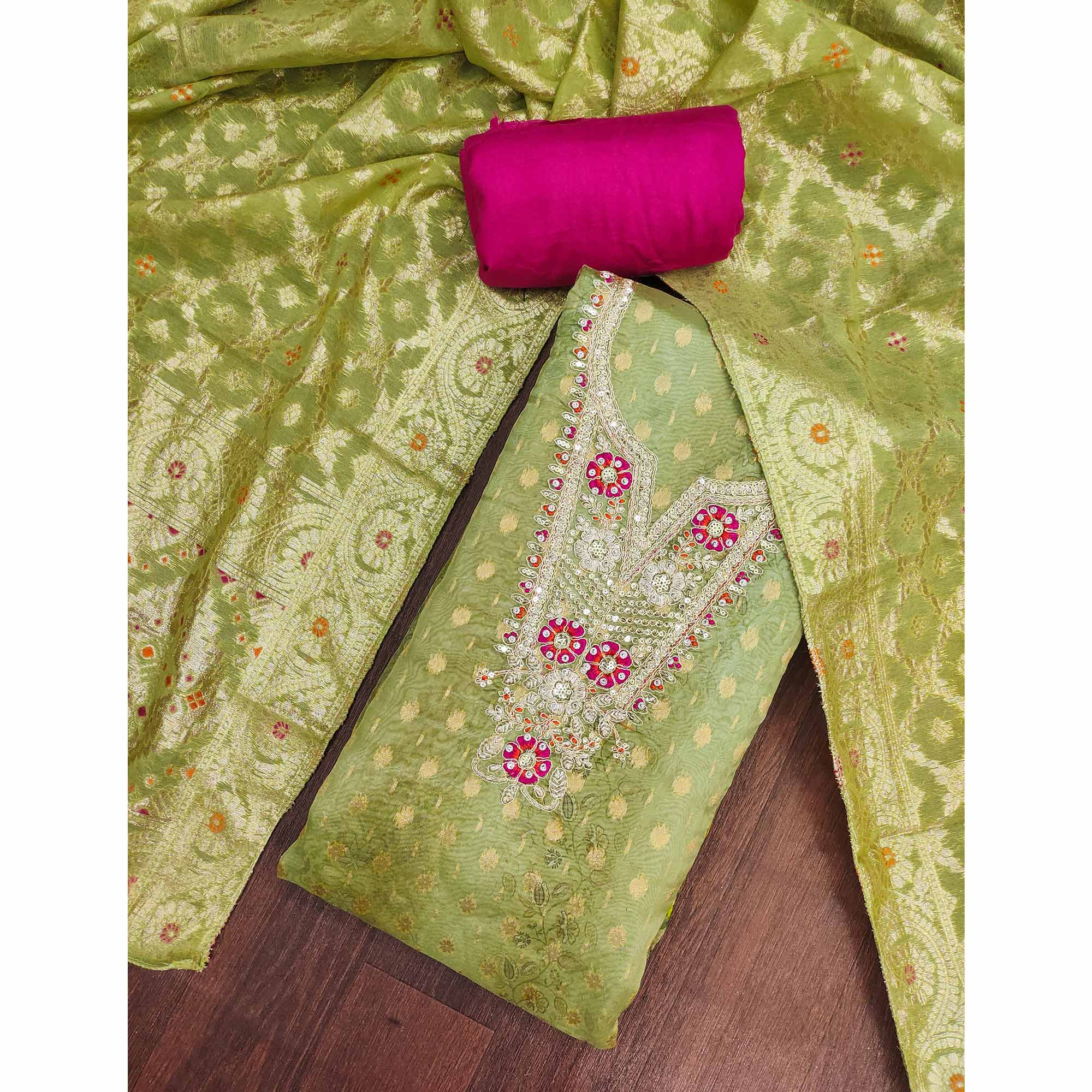 Elegant Pista Green Floral Weaving & Digital Print Organza Dress Material With Cording Embroidery