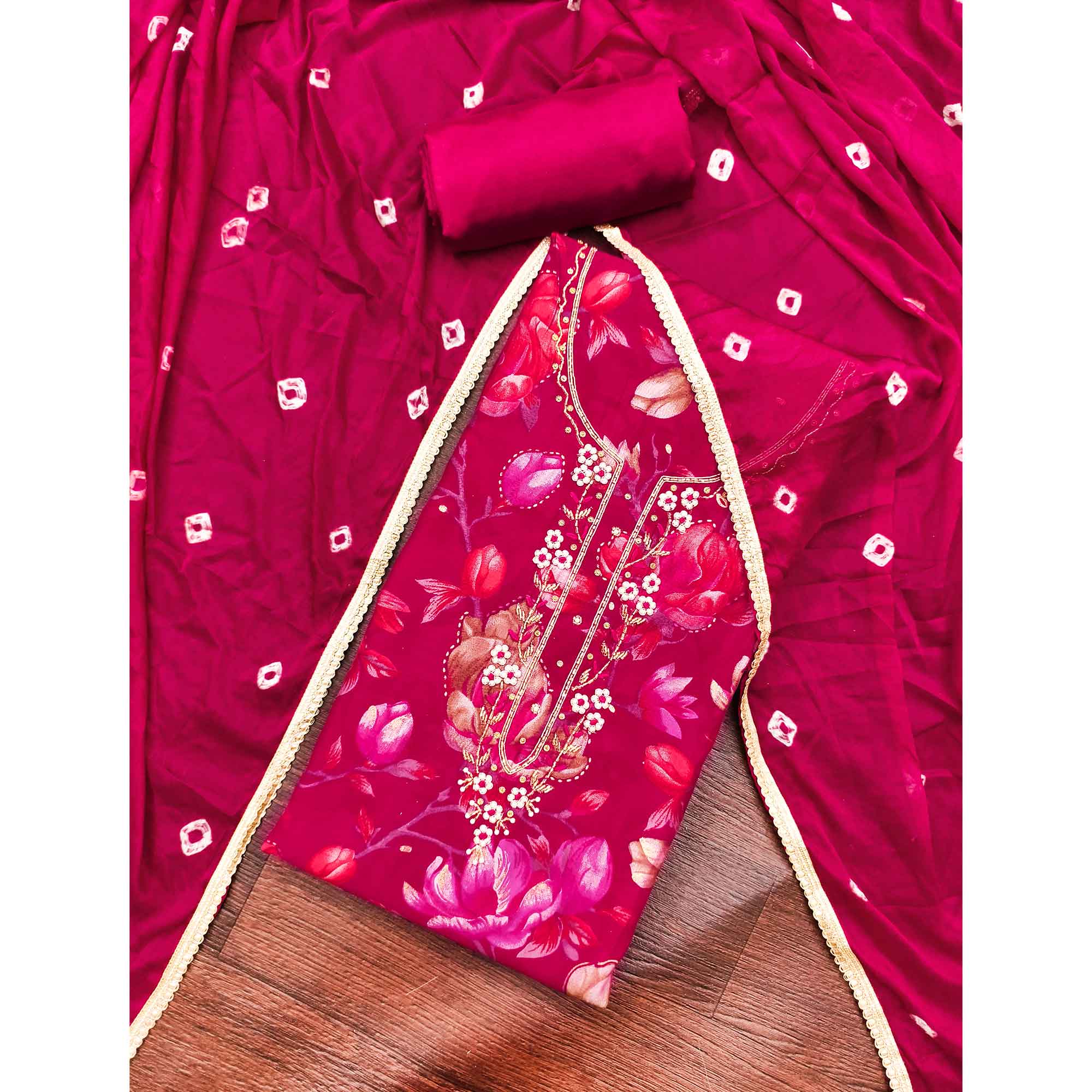 Exclusive Pink Floral Printed Cotton Silk Dress Material Adorned With Beads & Moti Handwork