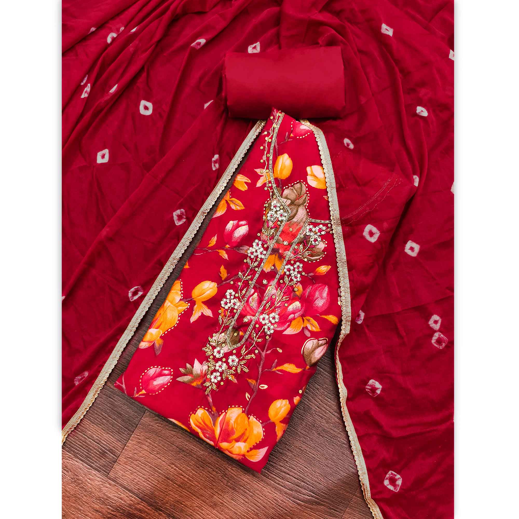 Exclusive Red Floral Printed Cotton Silk Dress Material Adorned With Beads & Moti Handwork