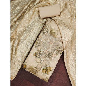 Beige Floral Weaving & Digital Printed Banarasi Silk Dress Material With Cording Embroidery