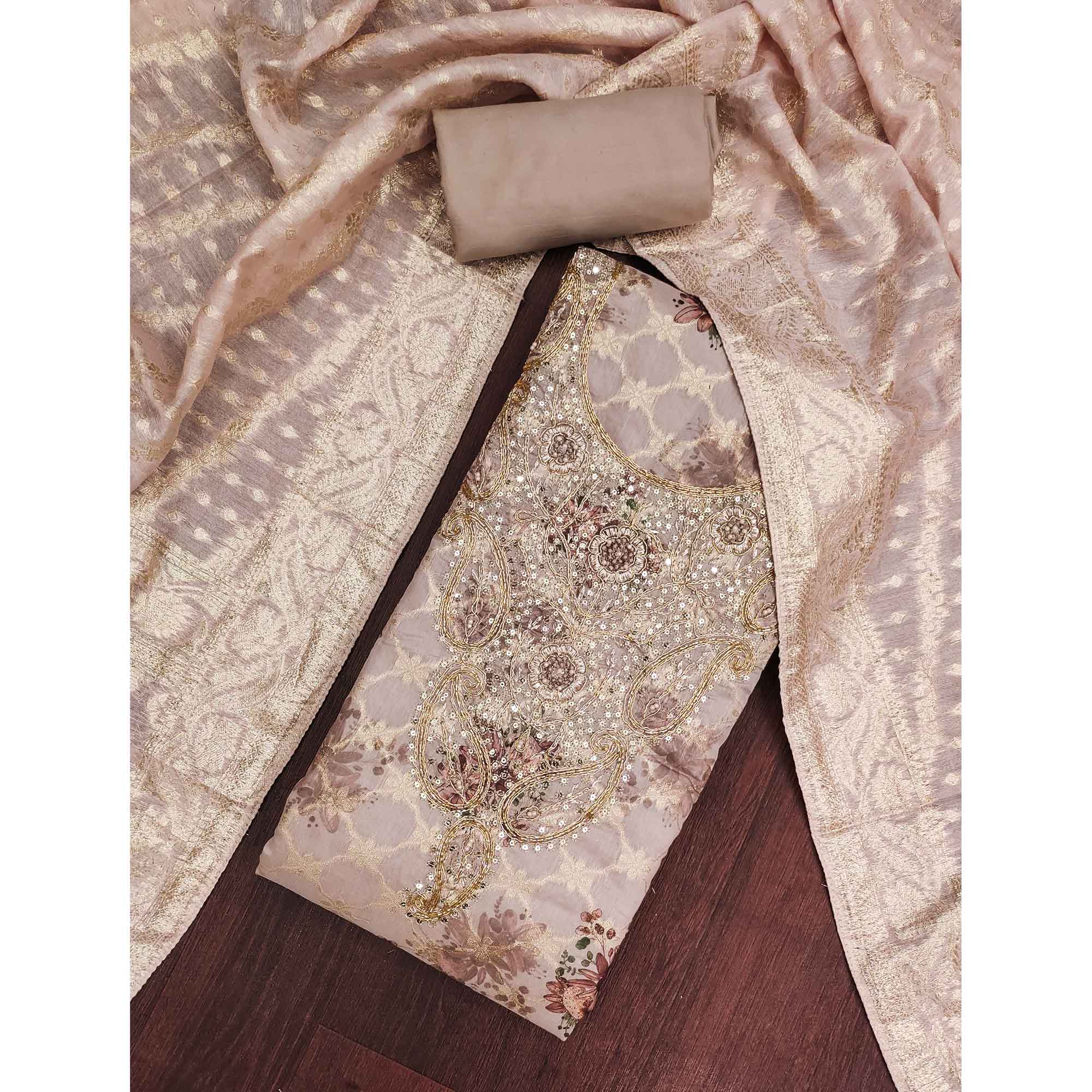 Pastel Mauve Floral Weaving & Digital Printed Banarasi Silk Dress Material With Cording Embroidery