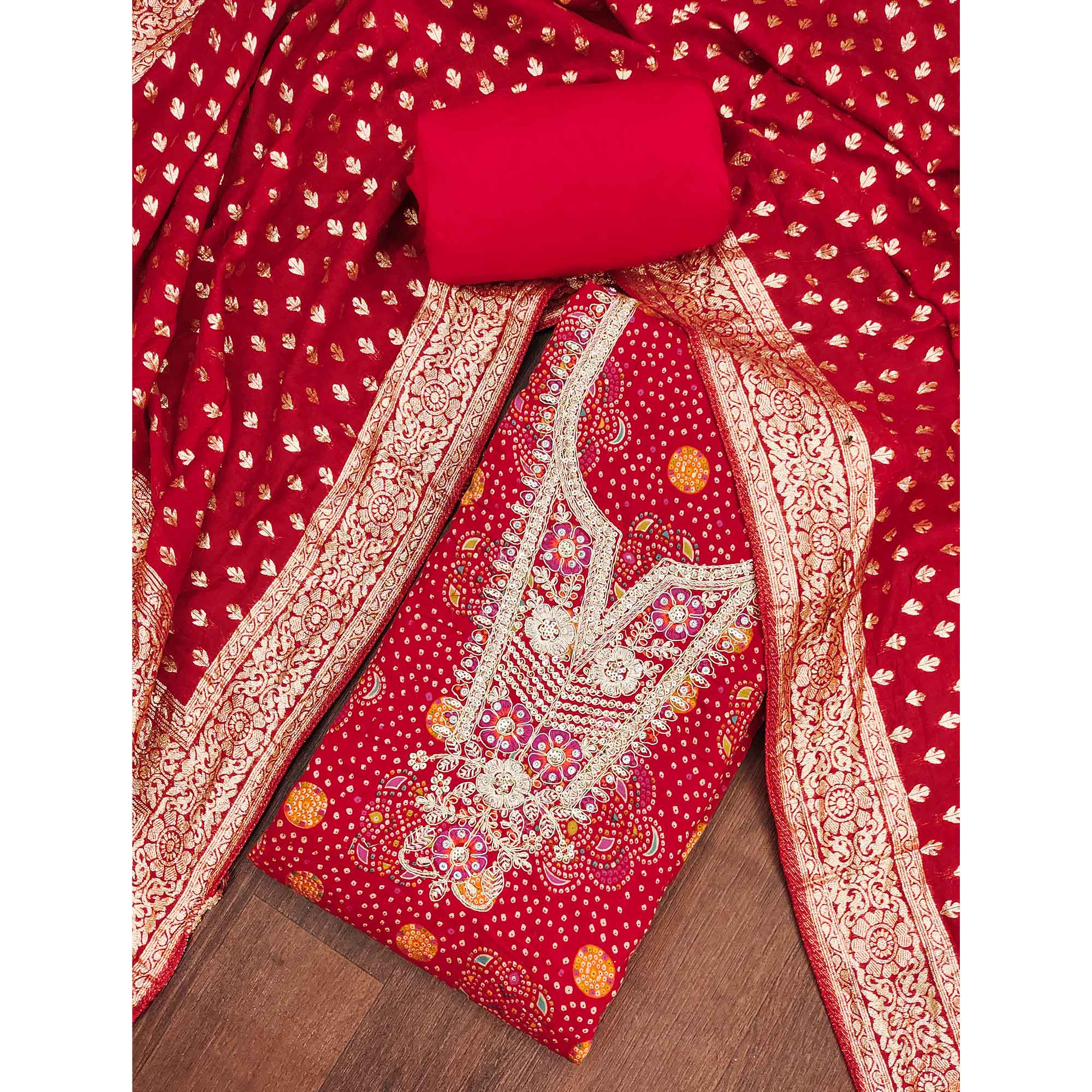 Premium Red Bandhani Print Cotton Silk Dress Material Featuring Floral Cording Embroidery Work