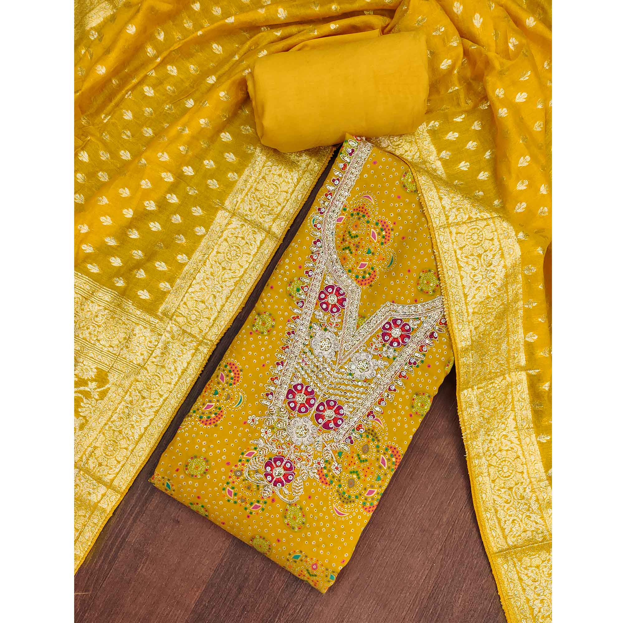 Premium Yellow Bandhani Print Cotton Silk Dress Material Featuring Floral Cording Embroidery Work