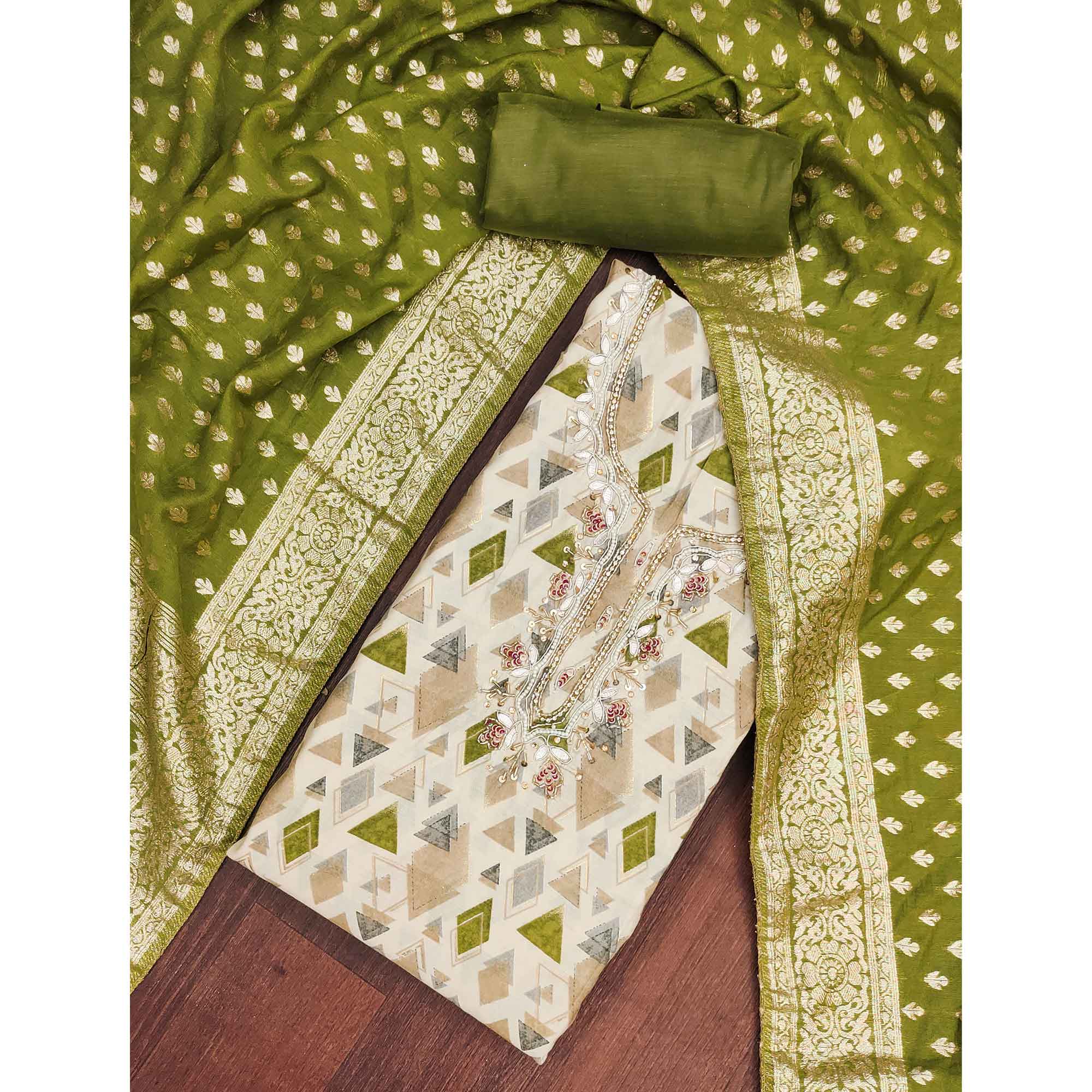 Premium Green Geometric Print Cotton Silk Dress Material Featuring Moti & Sequins Handwork