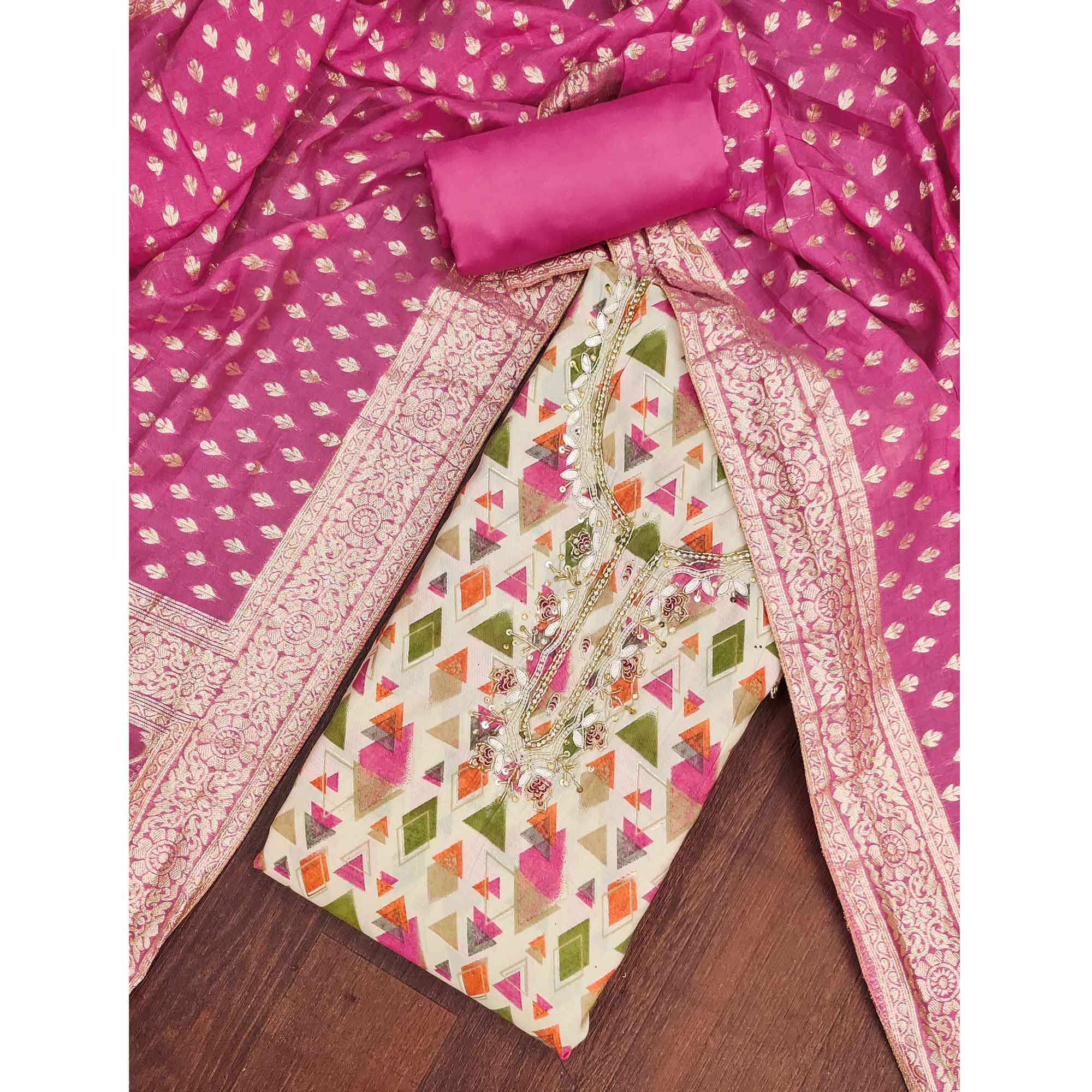 Premium Pink Geometric Print Cotton Silk Dress Material Featuring Moti & Sequins Handwork