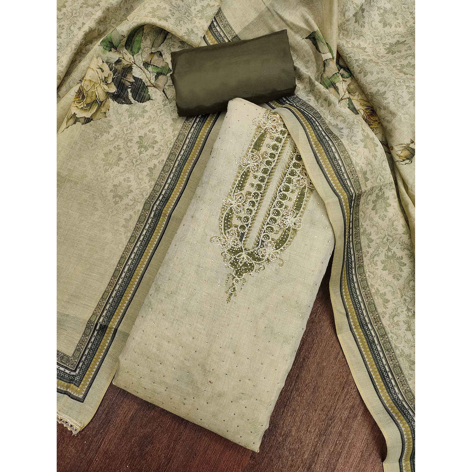 Exclusive Green Floral Print Shimmer Dress Material Adorned With Swarovski Embellishments