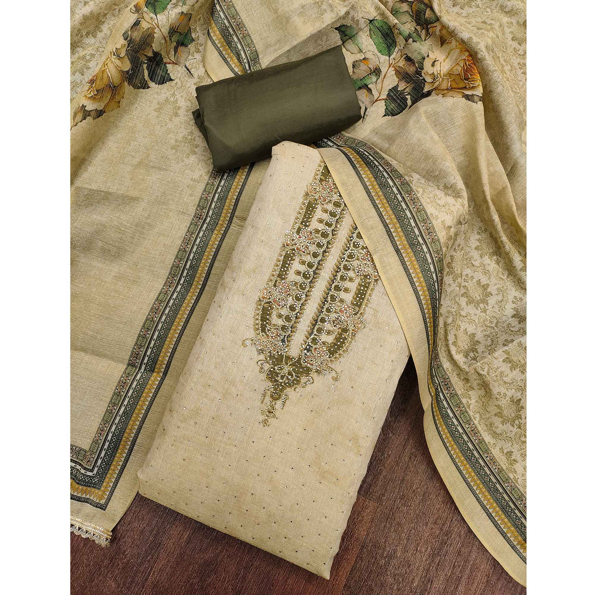 Exclusive Light Olive Floral Print Shimmer Dress Material Adorned With Swarovski Embellishments