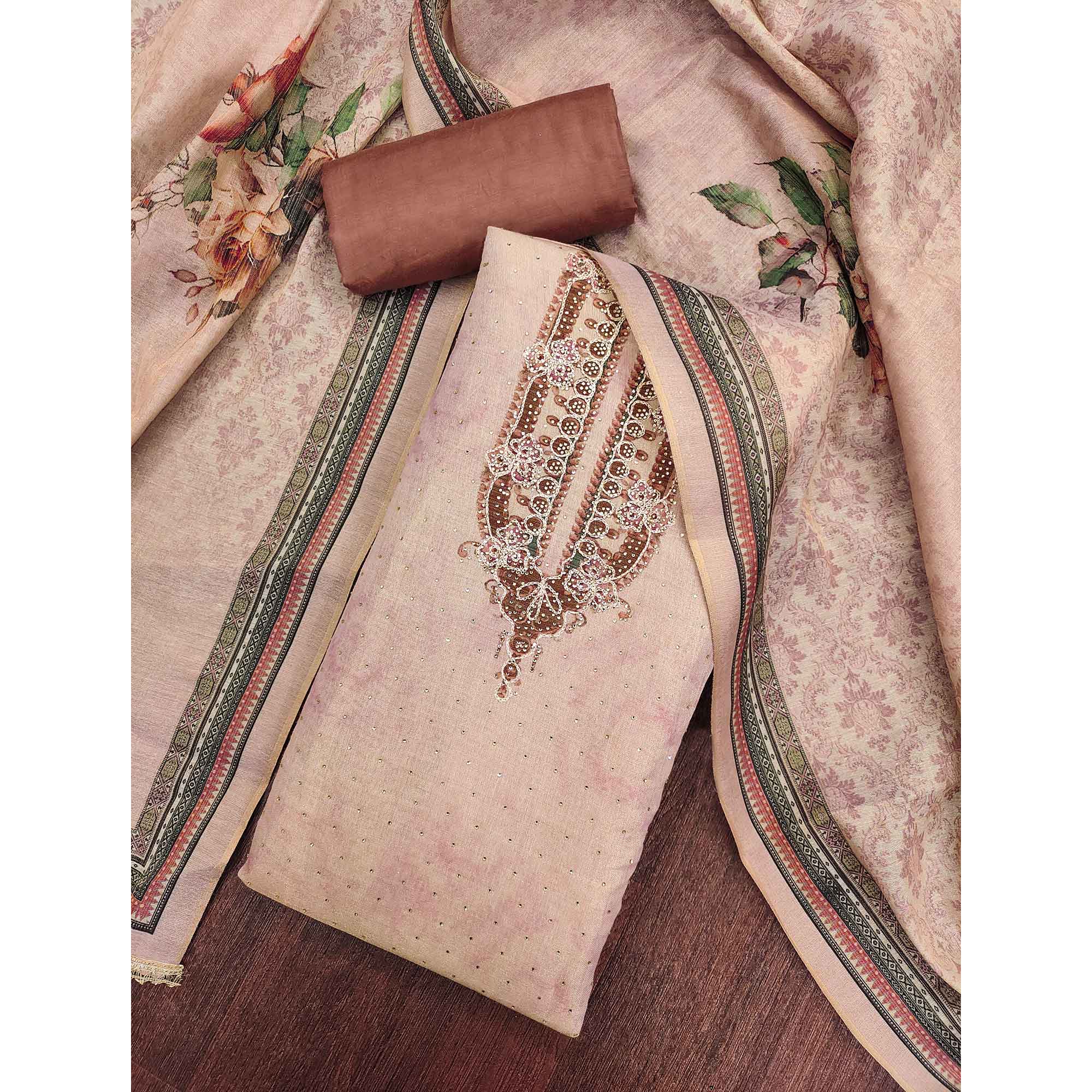 Exclusive Peach Floral Print Shimmer Dress Material Adorned With Swarovski Embellishments