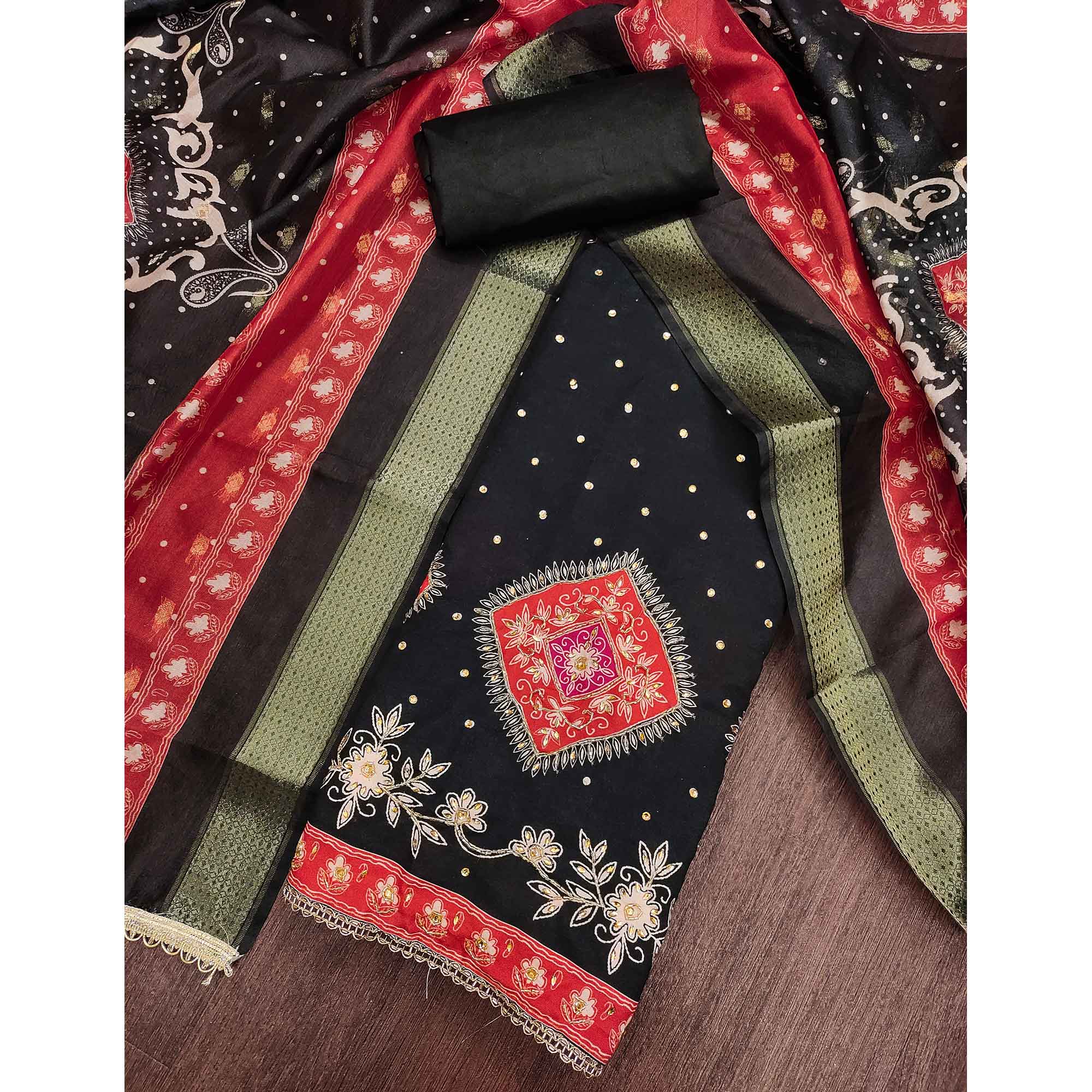 Classic Black Floral Digital Printed With Stone Work Rayon Dress Material