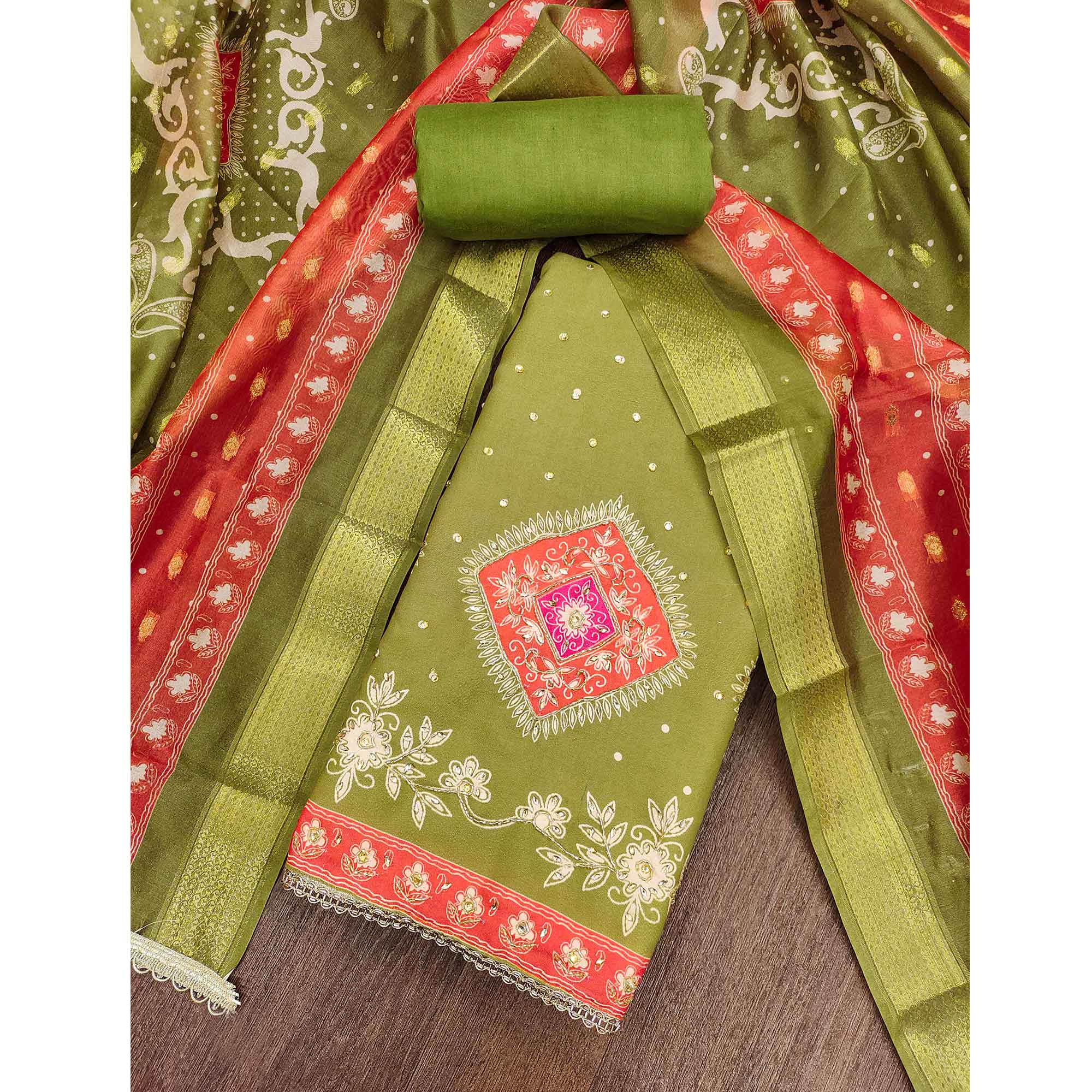 Classic Green Floral Digital Printed With Stone Work Rayon Dress Material