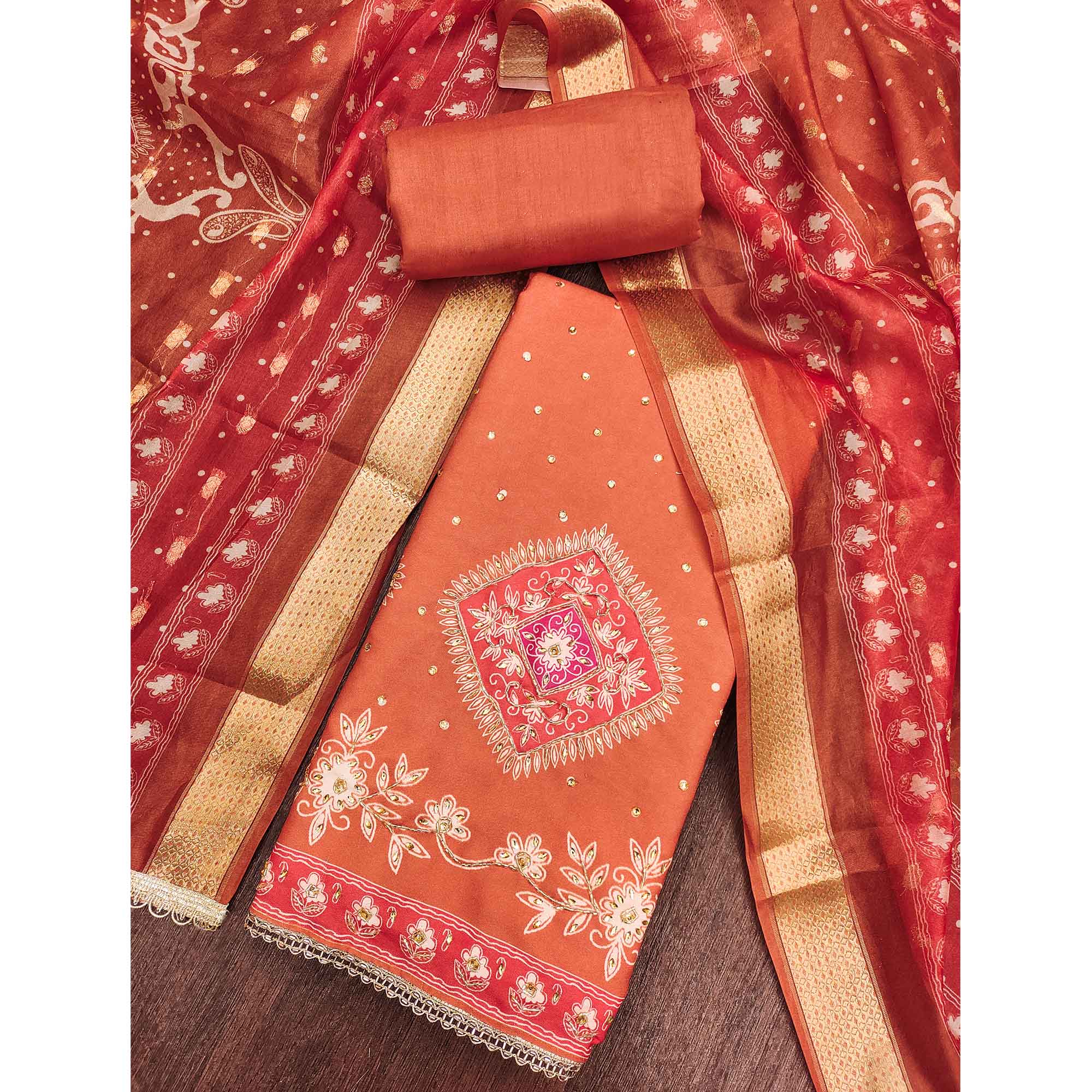 Classic Orange Rust Floral Digital Printed With Stone Work Rayon Dress Material