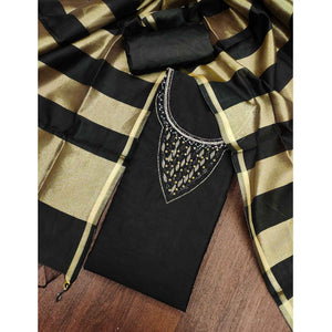 Elegant Black Beads & Sequins Handwork Chanderi Cotton Dress Material With Weaving Striped Pattern