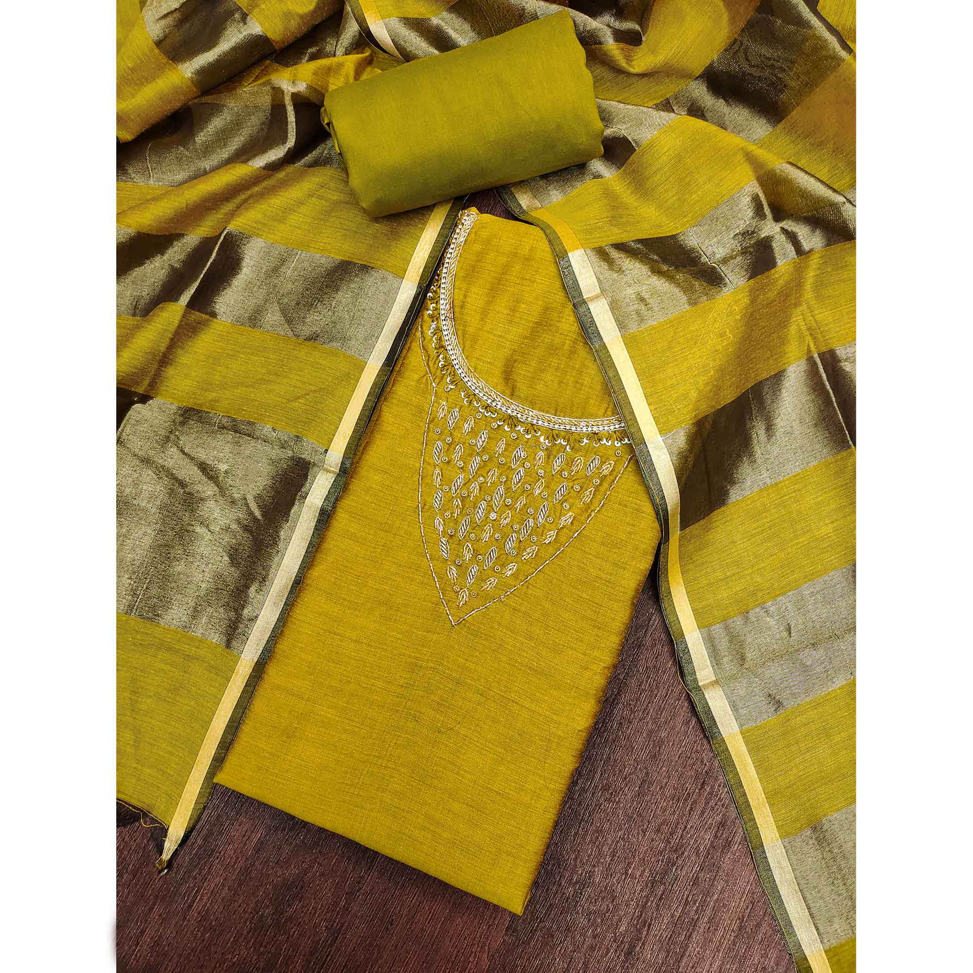 Elegant Mustard Beads & Sequins Handwork Chanderi Cotton Dress Material With Weaving Striped Pattern