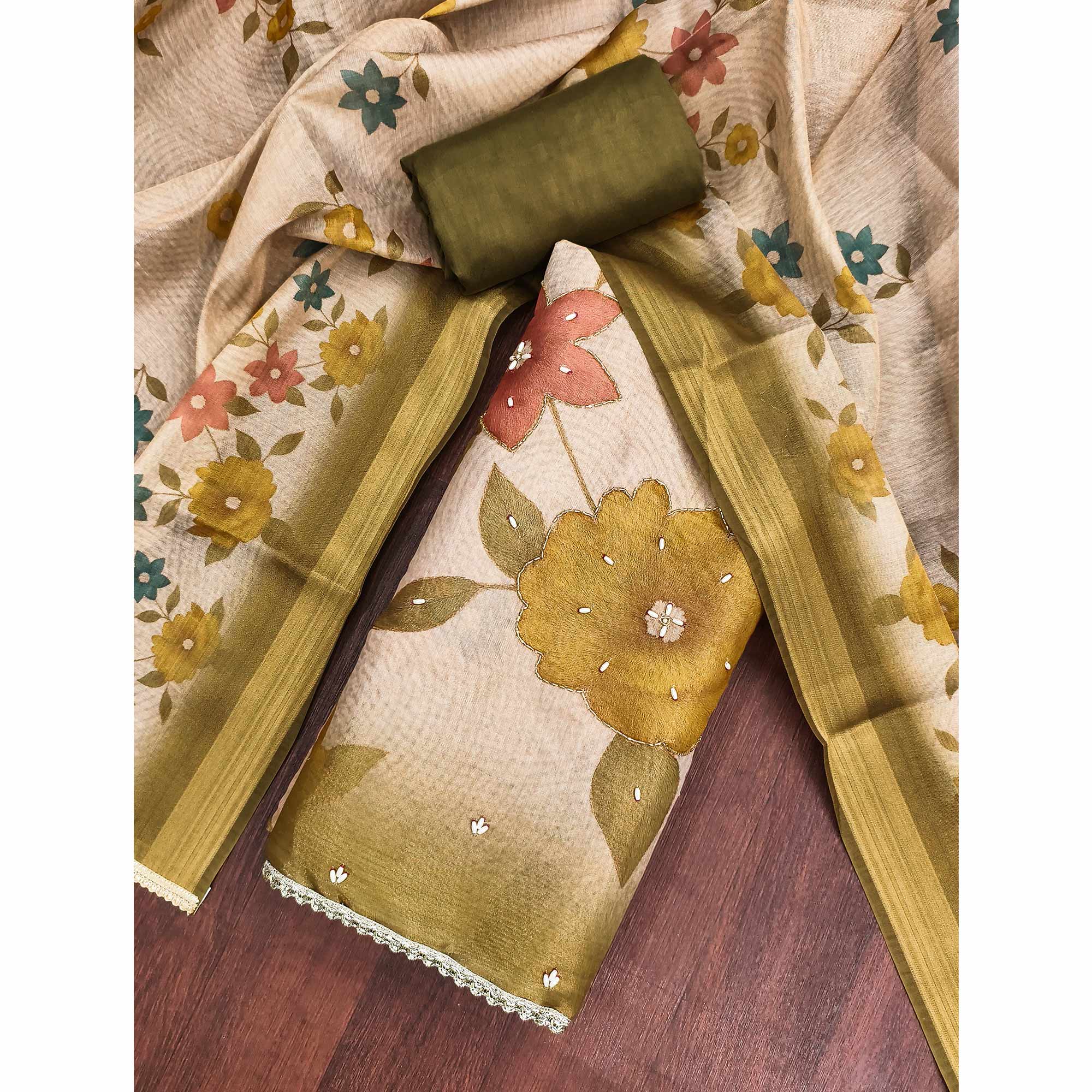 Beige & Mehendi Green Digital Floral Printed Shimmer Dress Material With Pearl & Cutdana Handwork