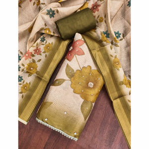 Beige & Mehendi Green Digital Floral Printed Shimmer Dress Material With Pearl & Cutdana Handwork