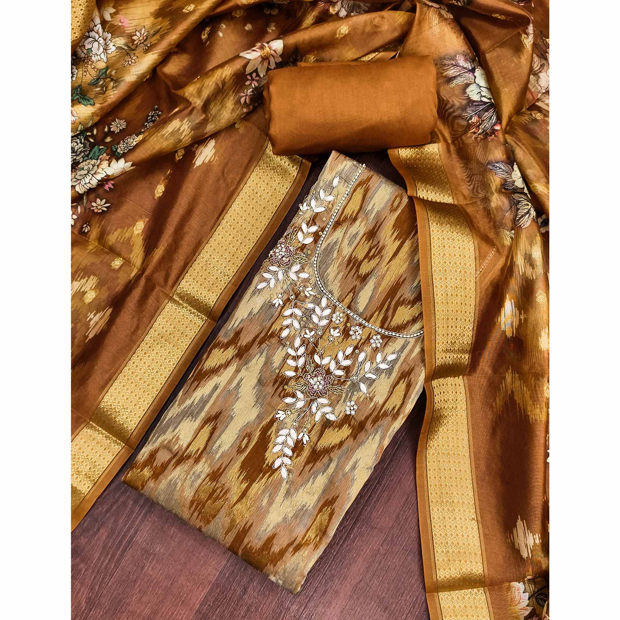 Luxury Dark Mustard Ikkat Woven Viscose Dress Material Adorned With Floral Pearl & Cutdana Handwork