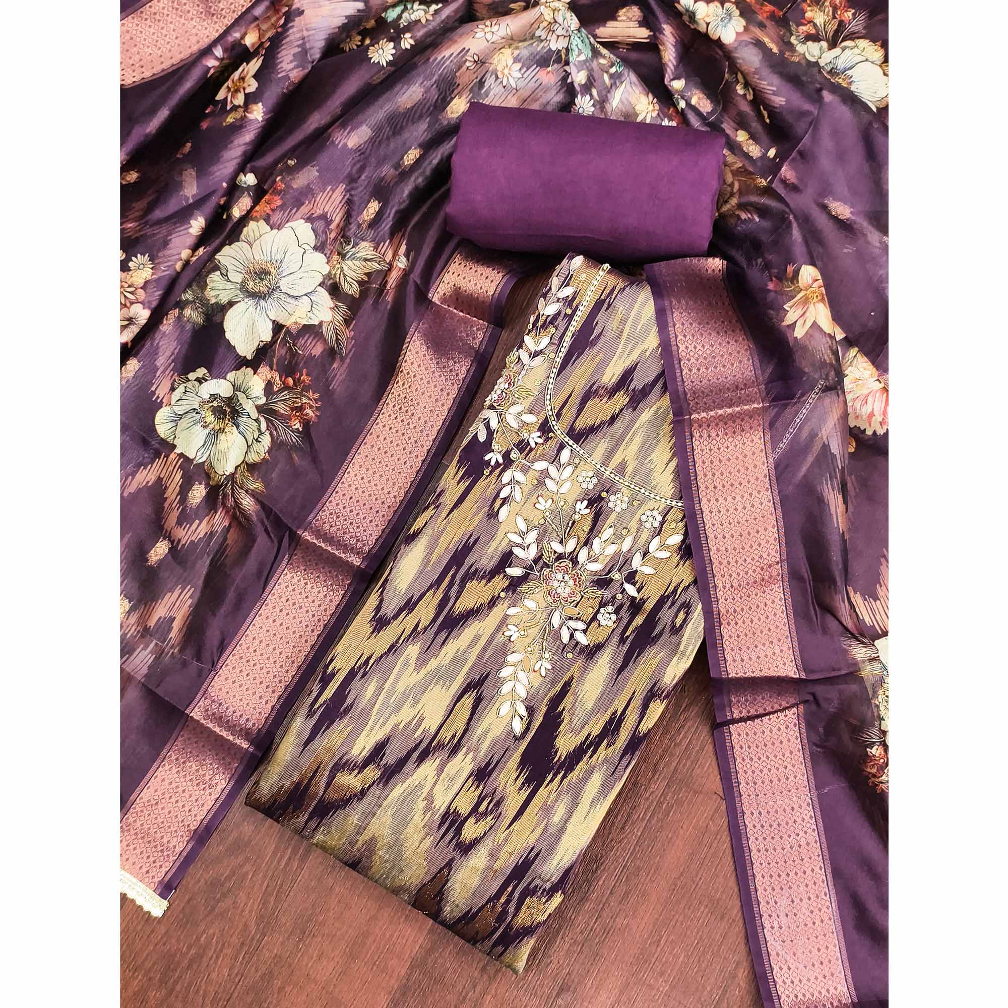 Luxury Purple Ikkat Weaving Viscose Dress Material Adorned With Floral Pearl & Cutdana Handwork