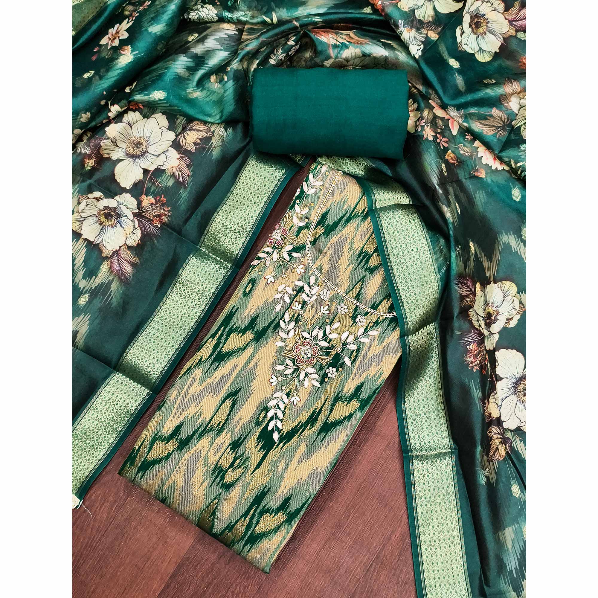 Luxury Teal Green Ikkat Woven Viscose Dress Material Adorned With Floral Pearl & Cutdana Handwork