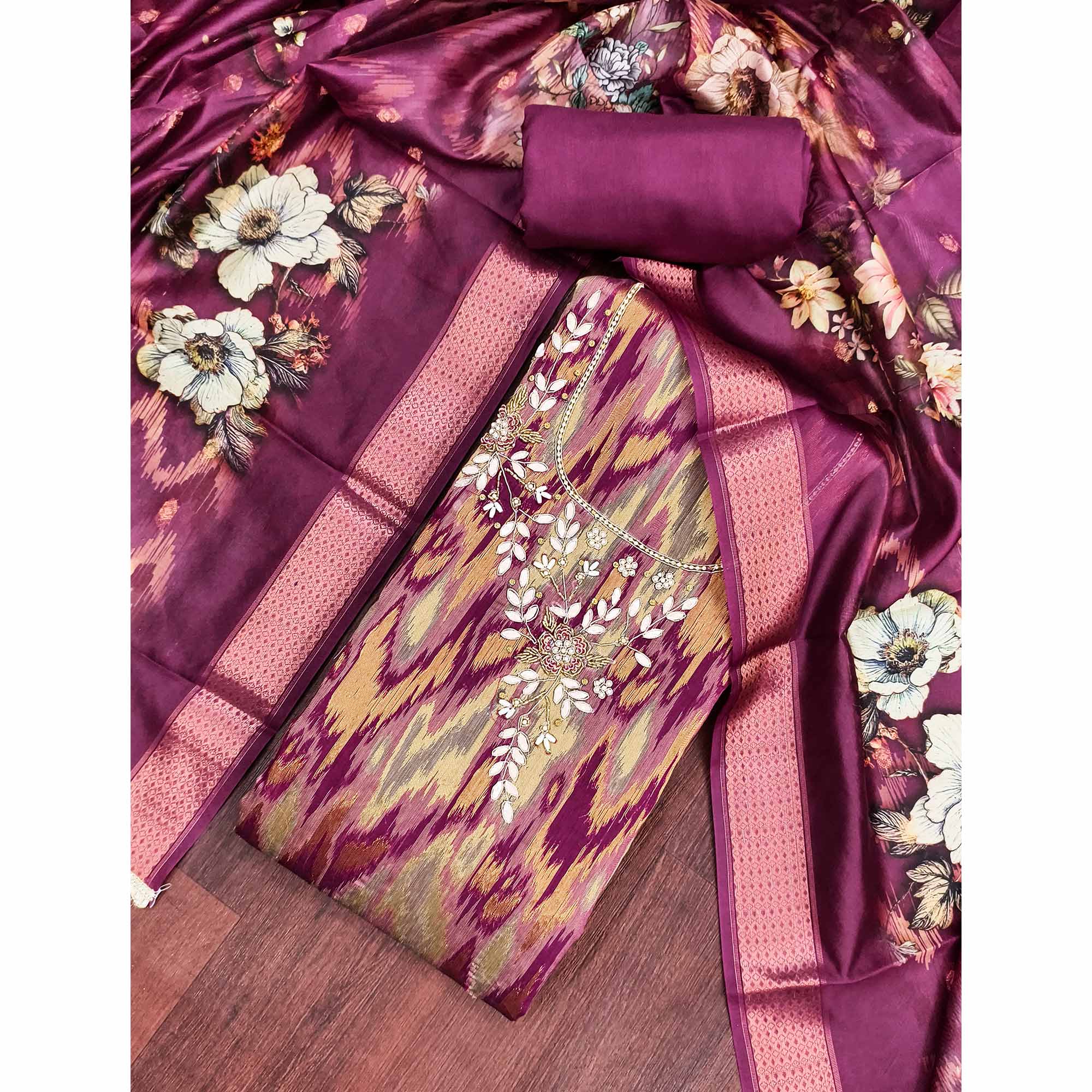 Luxury Wine Ikkat Woven Viscose Dress Material Adorned With Floral Pearl & Cutdana Handwork