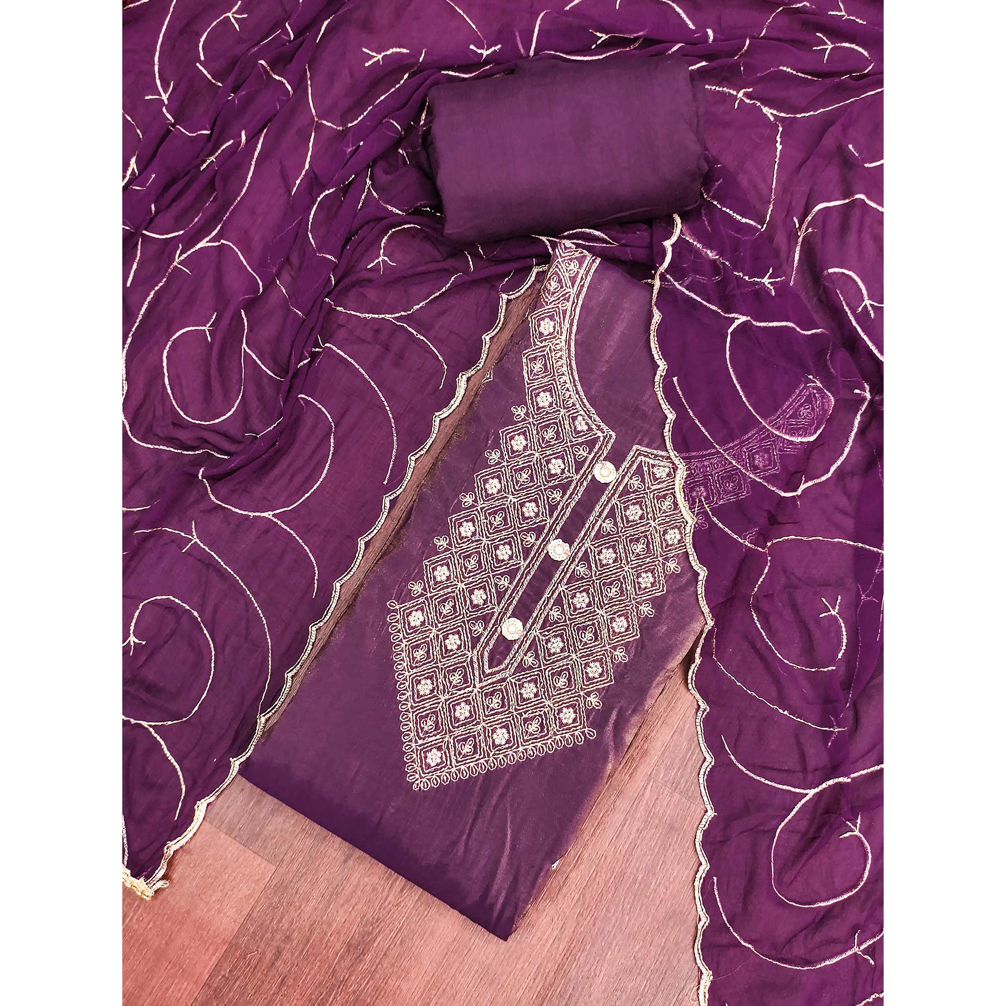 Stylish Purple Floral Embroidered Viscose Dress Material Showcasing Elegant Cutdana Handwork
