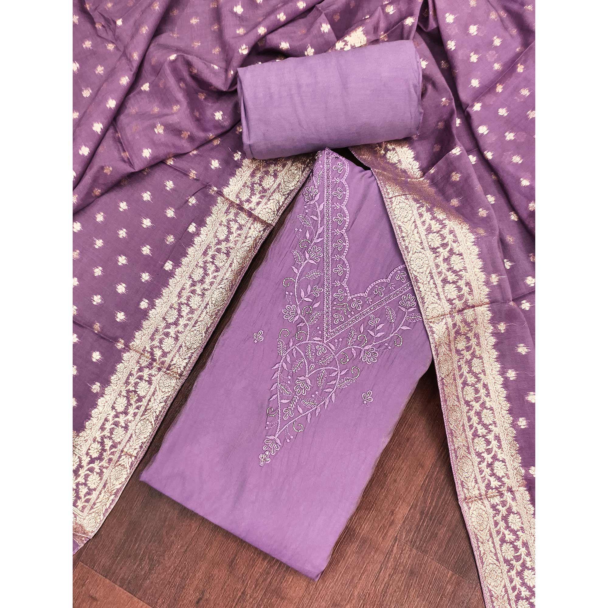 Exclusive Lavender Floral Embroidery Viscose Dress Material Enhanced With Cutdana Handwork Accents