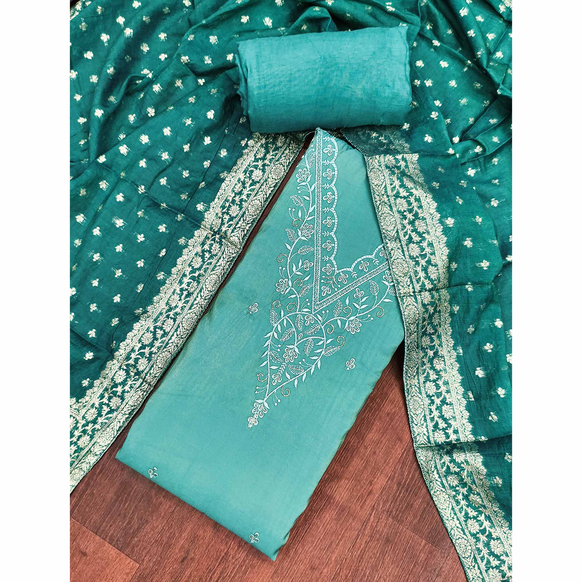 Exclusive Teal Floral Embroidery Viscose Dress Material Enhanced With Cutdana Handwork Accents
