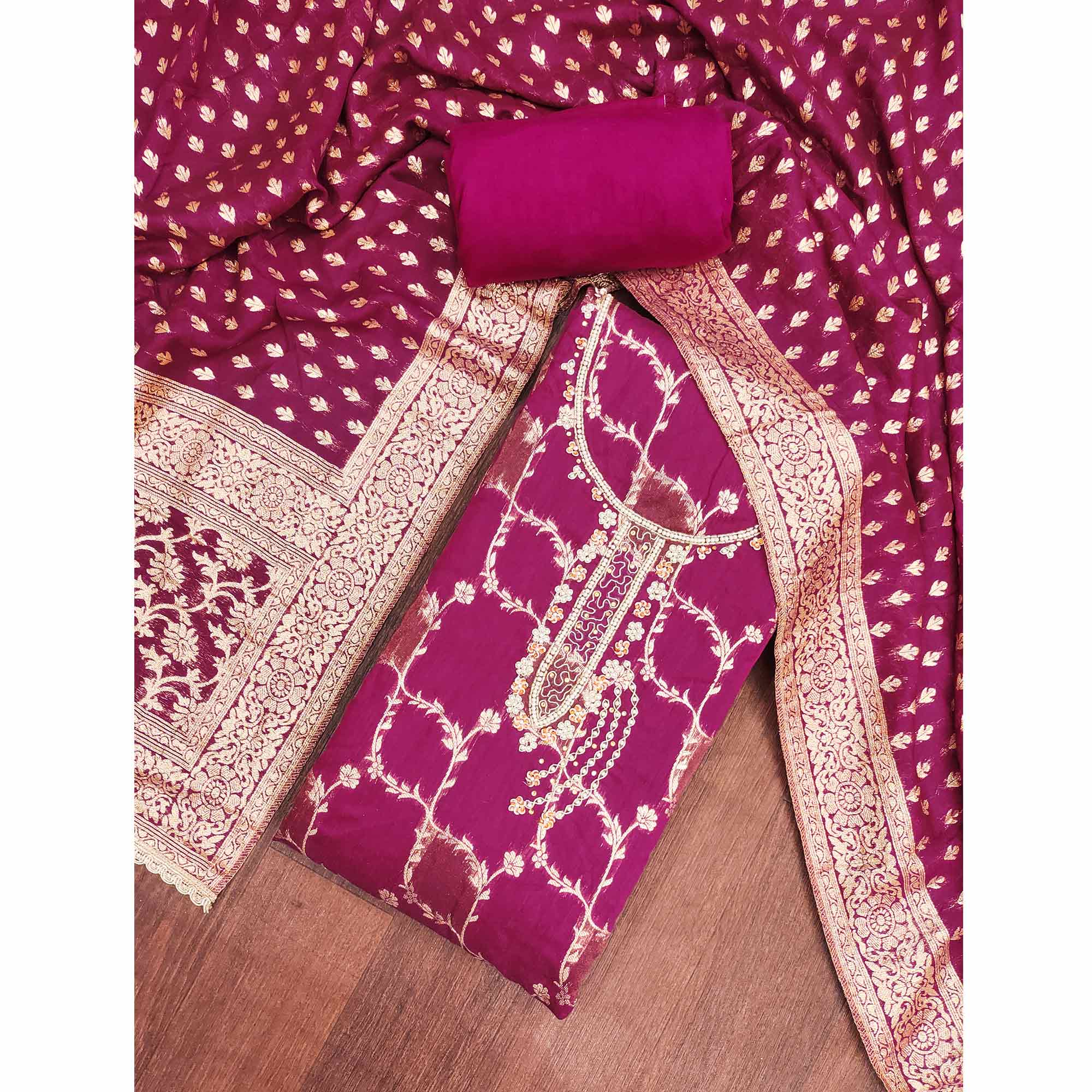 Dark Magenta Floral Weaving Banarasi Silk Dress Material Featuring Sequins & Moti Handwork