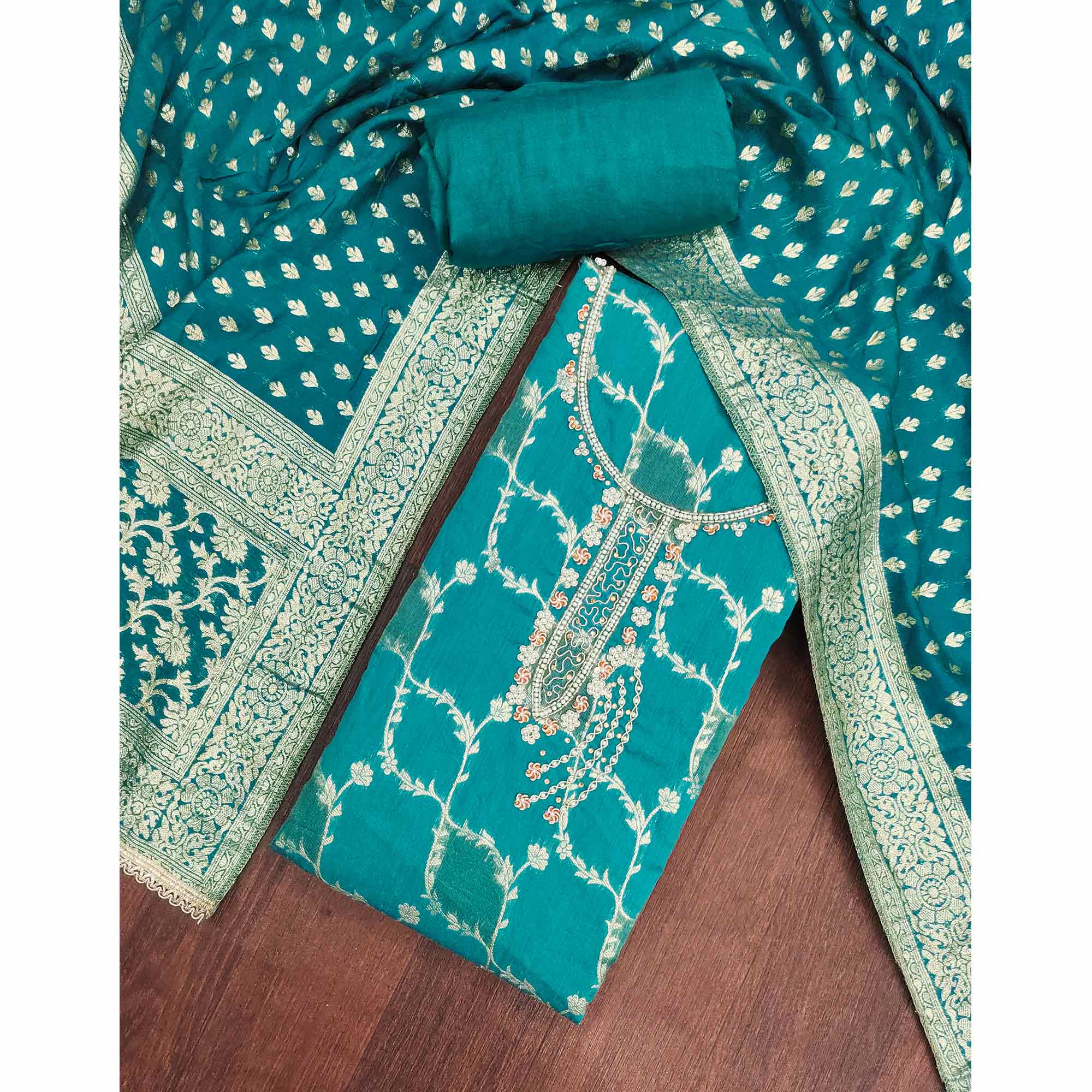 Rama Blue Floral Weaving Banarasi Silk Dress Material Featuring Sequins & Moti Handwork