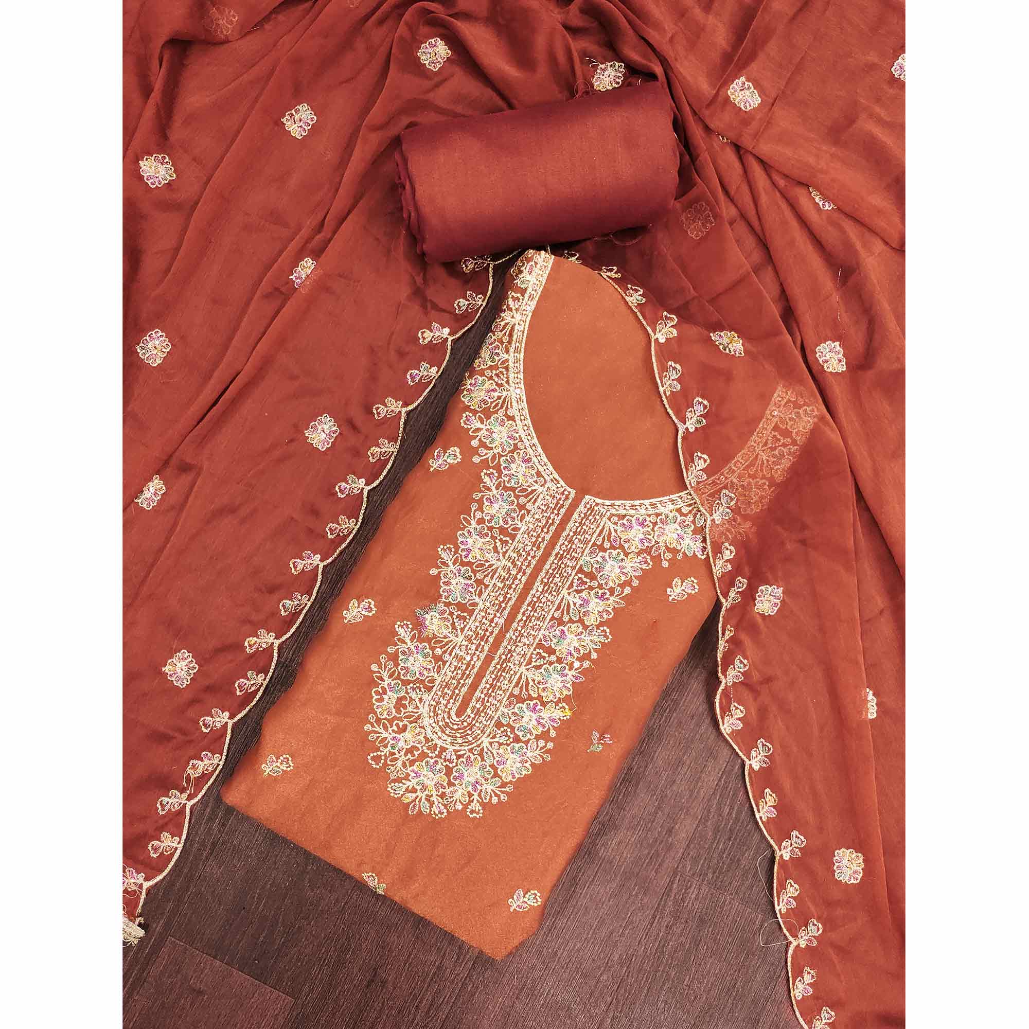 Graceful Rust Floral Sequins Embroidered With Handwork Georgette Dress Material