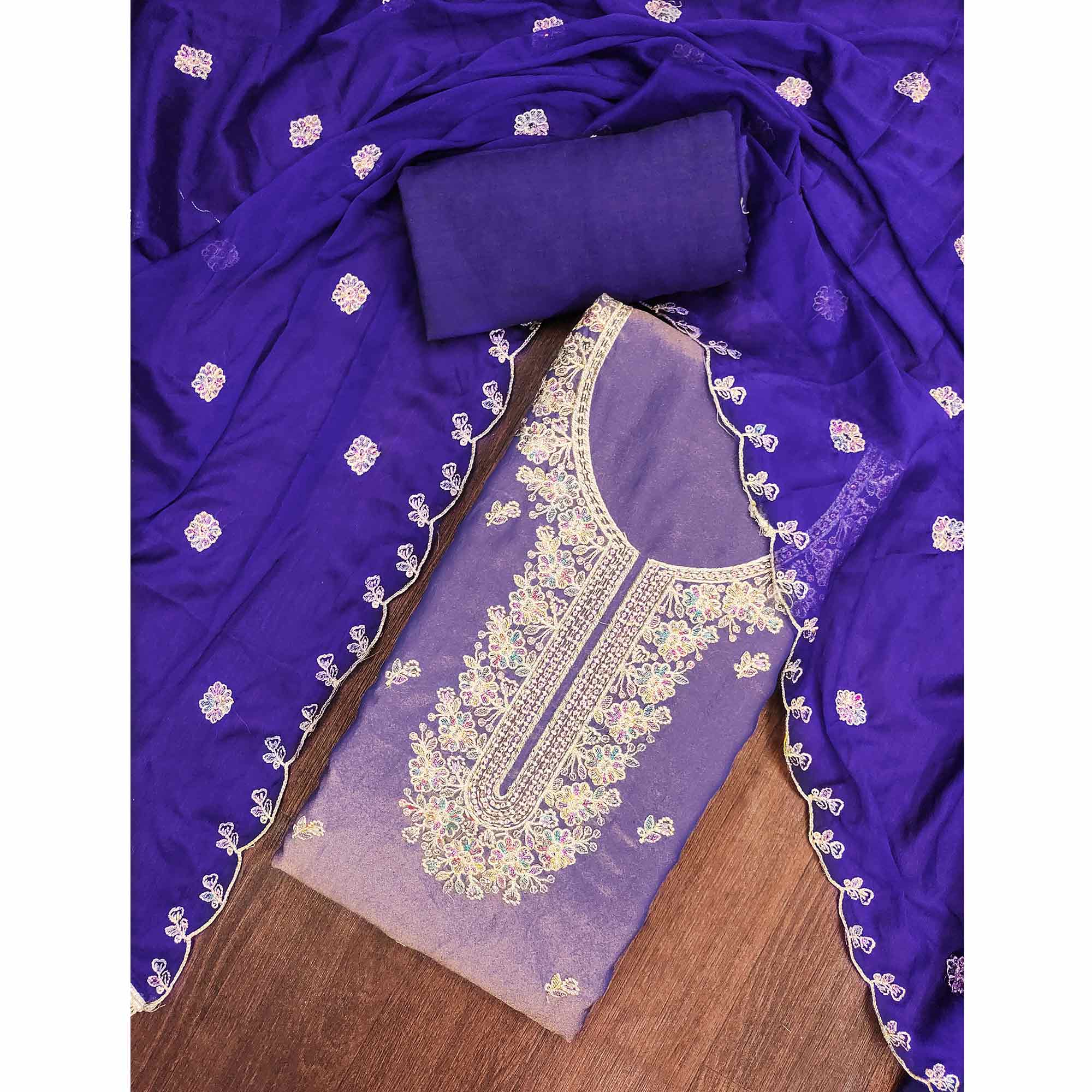 Graceful Royal Purple Floral Sequins Embroidered With Handwork Georgette Dress Material