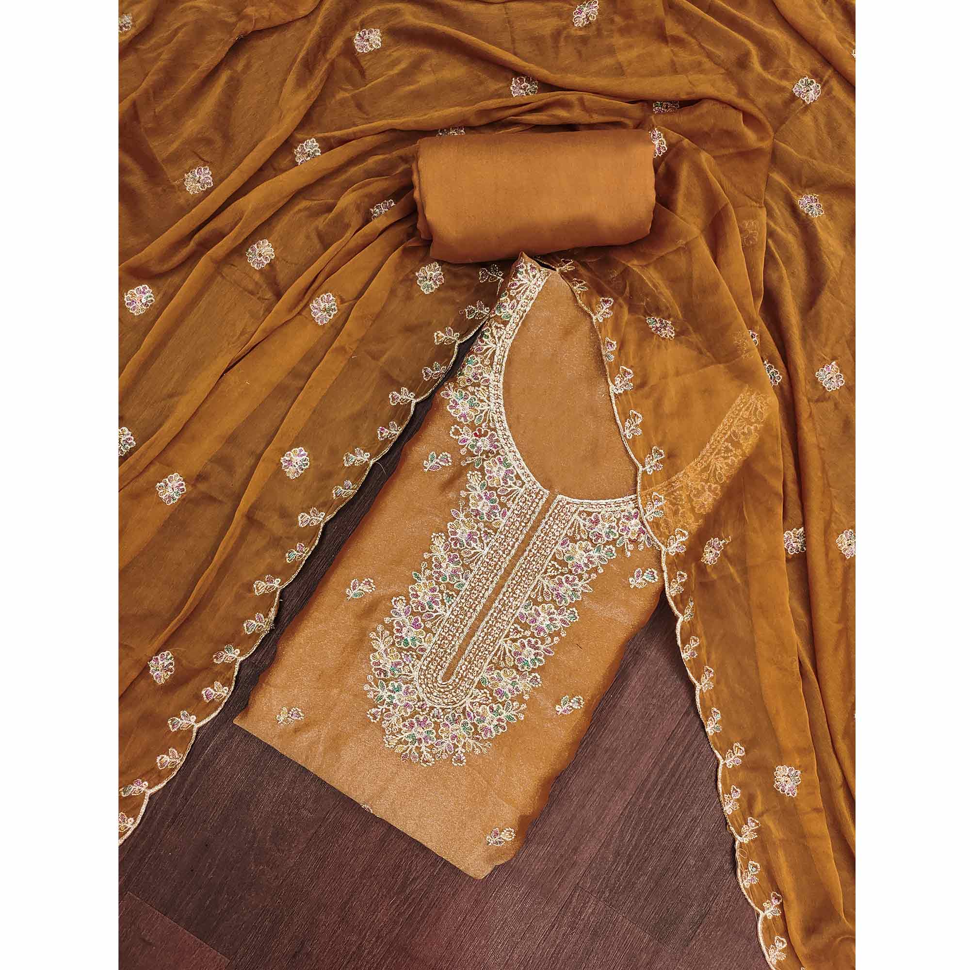 Graceful Light Brown Floral Sequins Embroidered With Handwork Georgette Dress Material