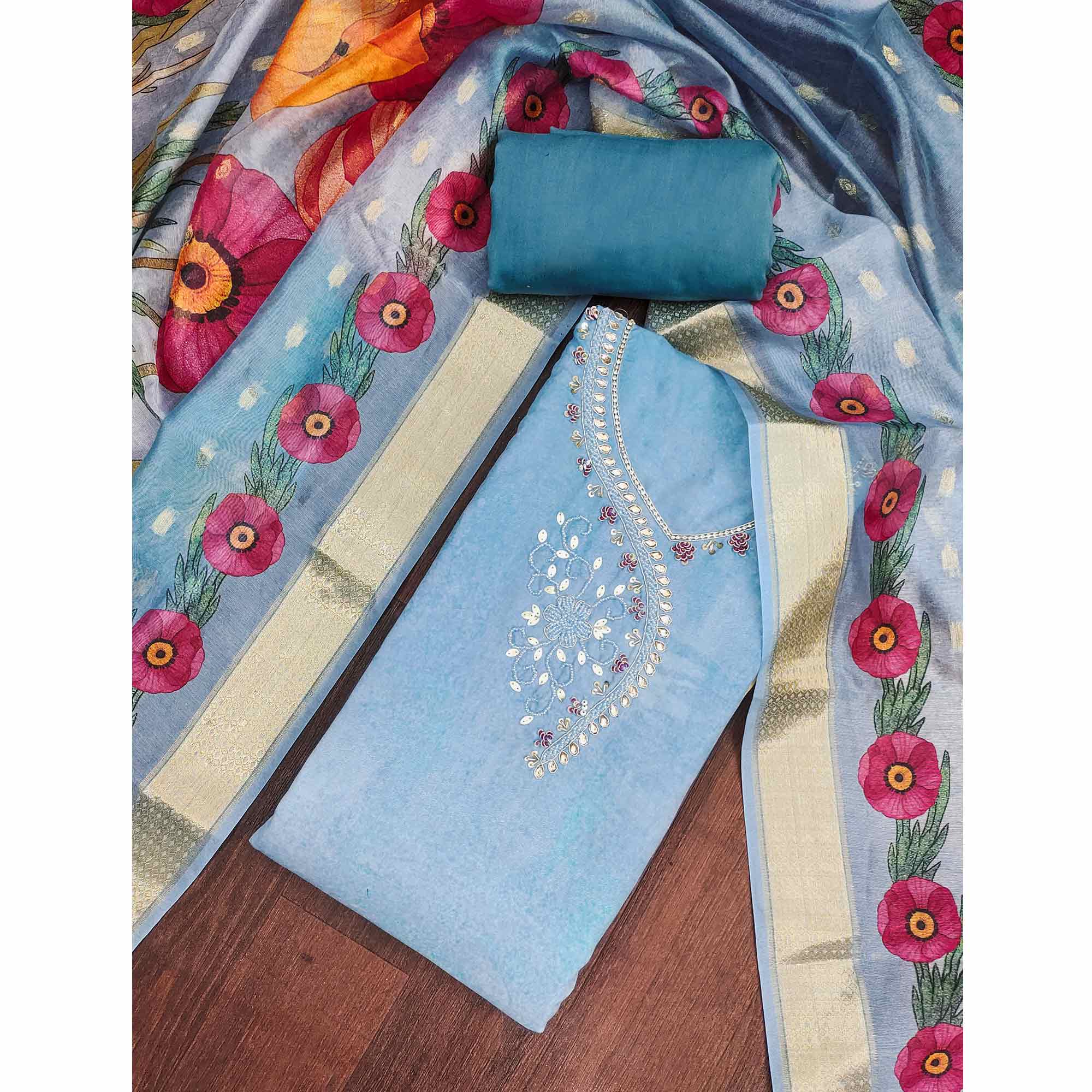 Charming Greyish Blue Floral Digital Printed Rayon Dress Material With Sequins & Moti Handwork